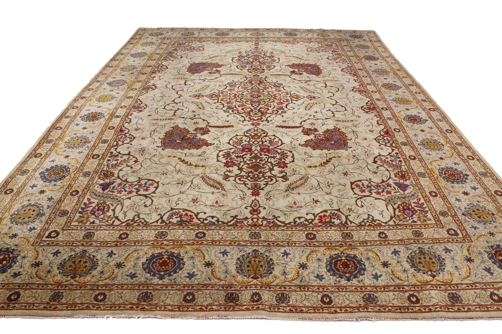 73351 Antique Persian Kashan Rug, 08'09 x 12'06. Persian Kashan rugs are meticulously crafted hand-knotted rugs originating from Kashan, Iran, celebrated for their intricate designs, superior craftsmanship, and storied heritage. Typically featuring