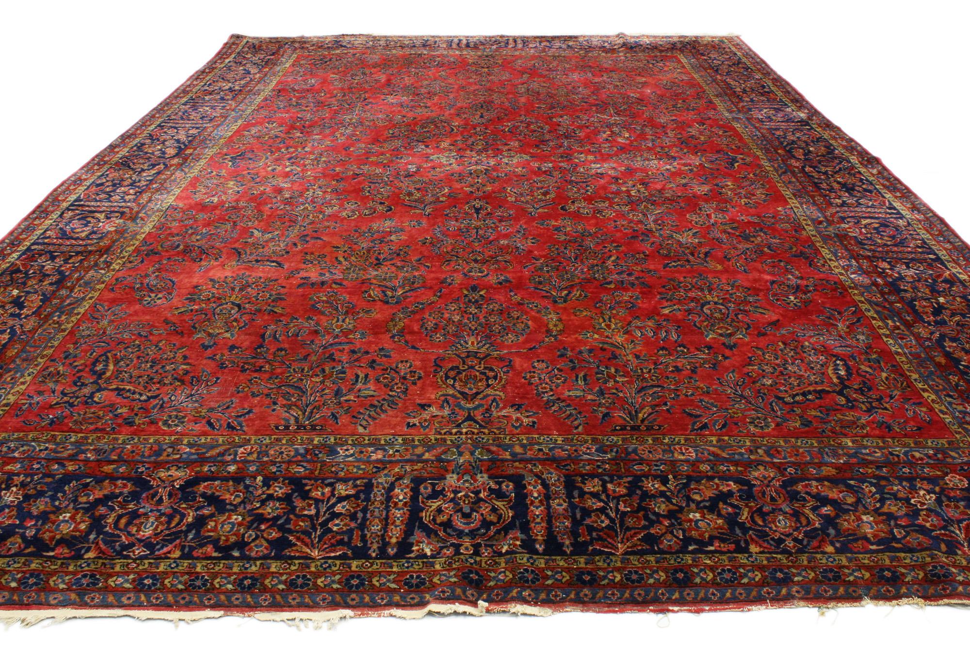 Hand-Knotted Antique Persian Kashan Rug with Art Nouveau Style in Rich Jewel Tones
