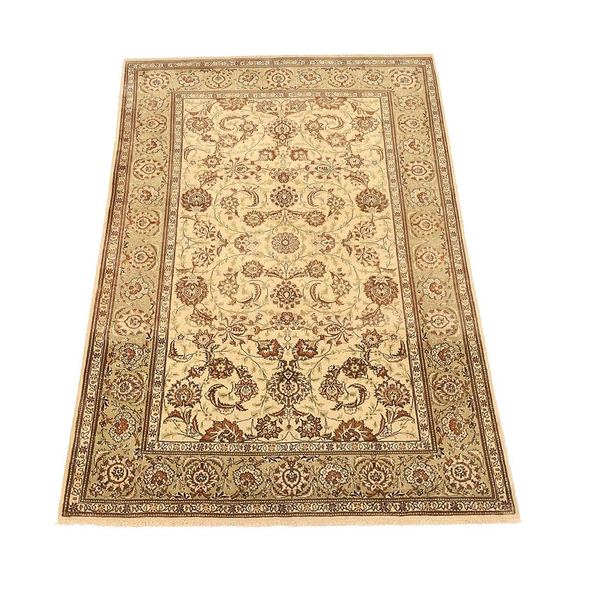 Antique Persian area rug from high-quality sheep’s wool and colored with eco-friendly vegetable dyes that are proven safe for humans and pets alike. It’s a traditional Kashan design showcasing a gorgeous ivory field with brown and white floral