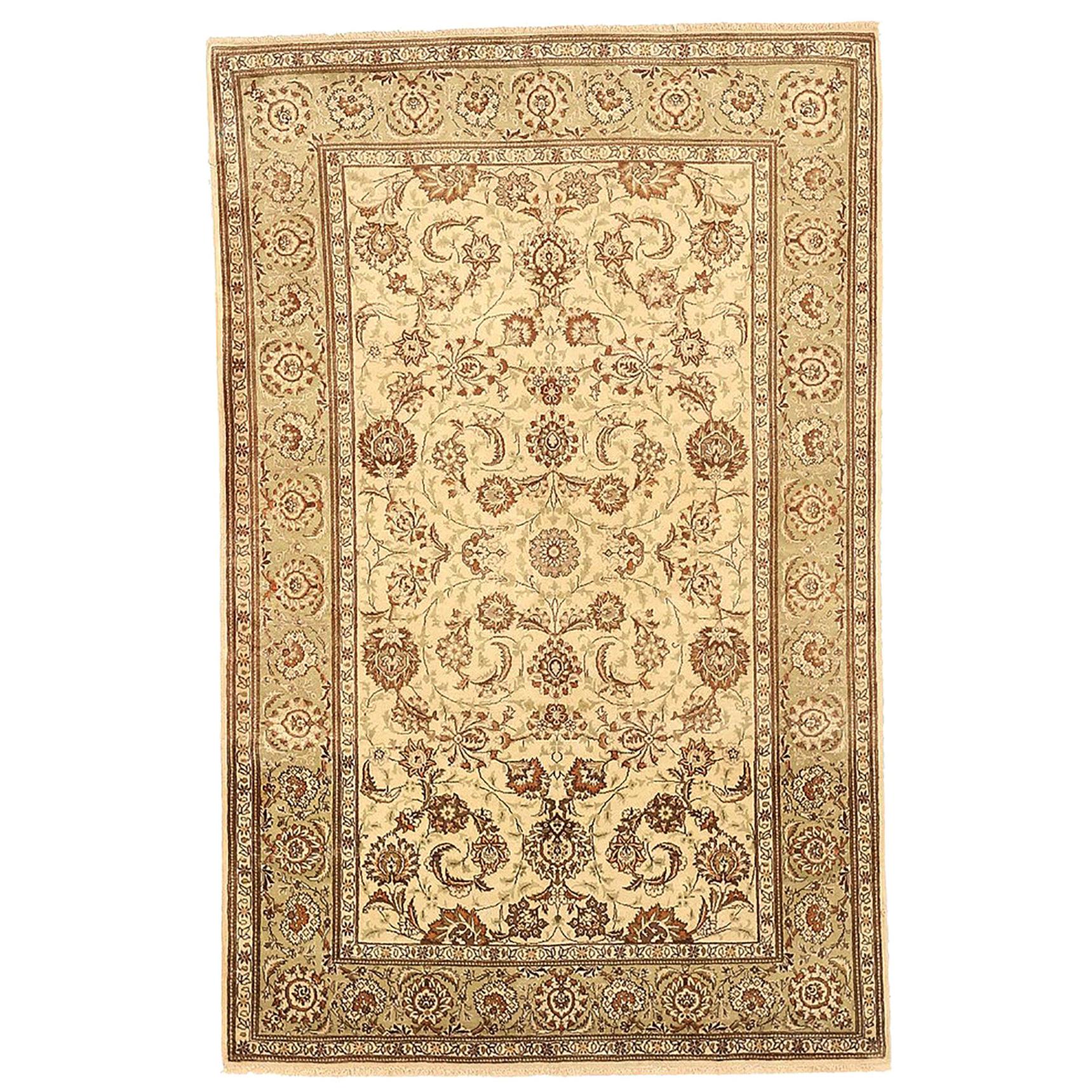 Antique Persian Kashan Rug with Brown and White Floral Details Over Ivory Field