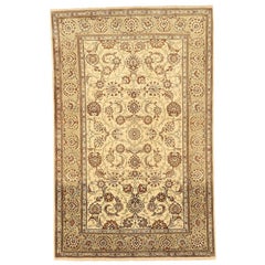 Vintage Persian Kashan Rug with Brown and White Floral Details Over Ivory Field