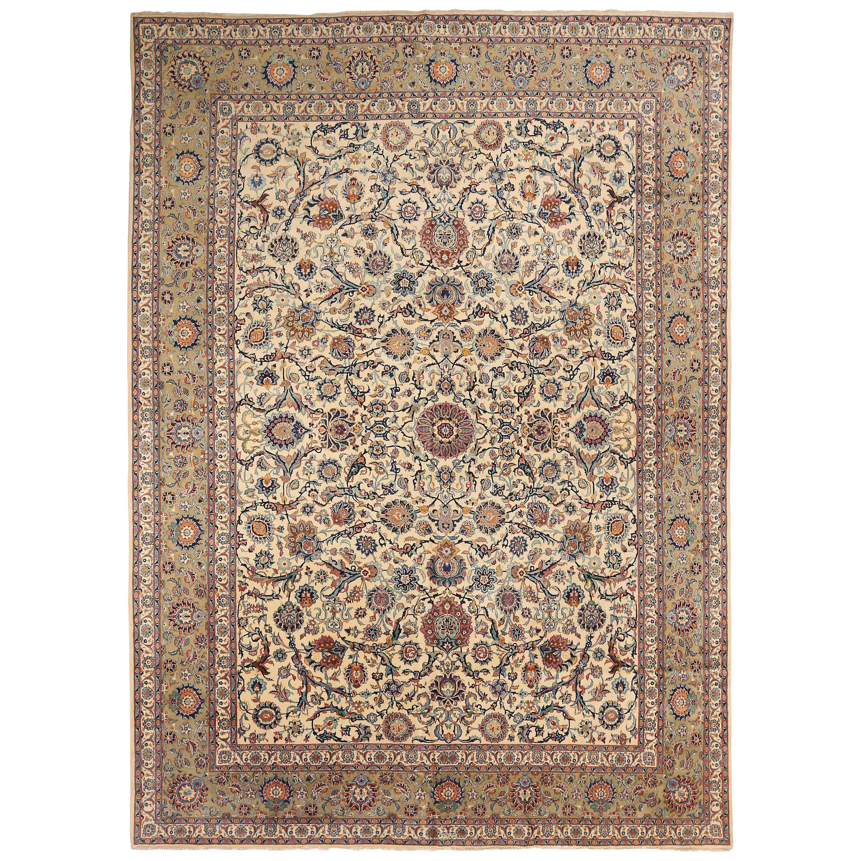 Antique Persian Kashan Rug with Floral Medallions on Ivory Field, circa 1970s