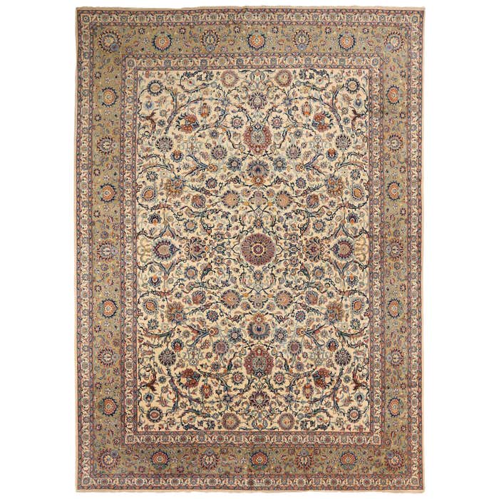Antique Persian Kashan Rug with Floral Medallions on Ivory Field, circa ...