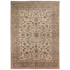 Antique Persian Kashan Rug with Floral Medallions on Ivory Field, circa 1970s