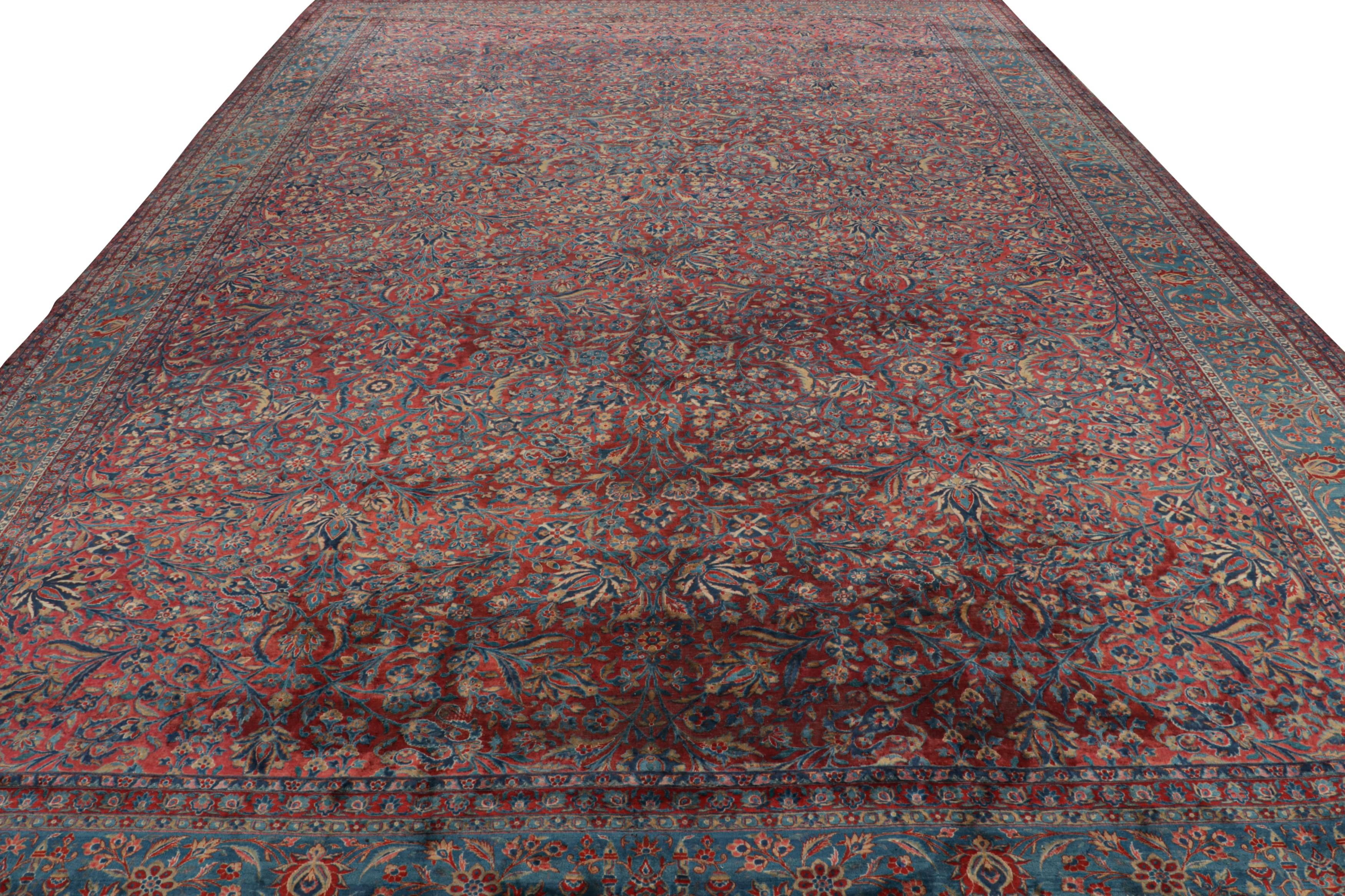 Hand-Knotted Antique Persian Kashan Rug with Red-Blue Floral Patterns by Rug & Kilim For Sale