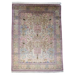 Antique Persian Kashan Silk 10X14 Ivory, Pink, Blue, & Green Handmade Area Rug