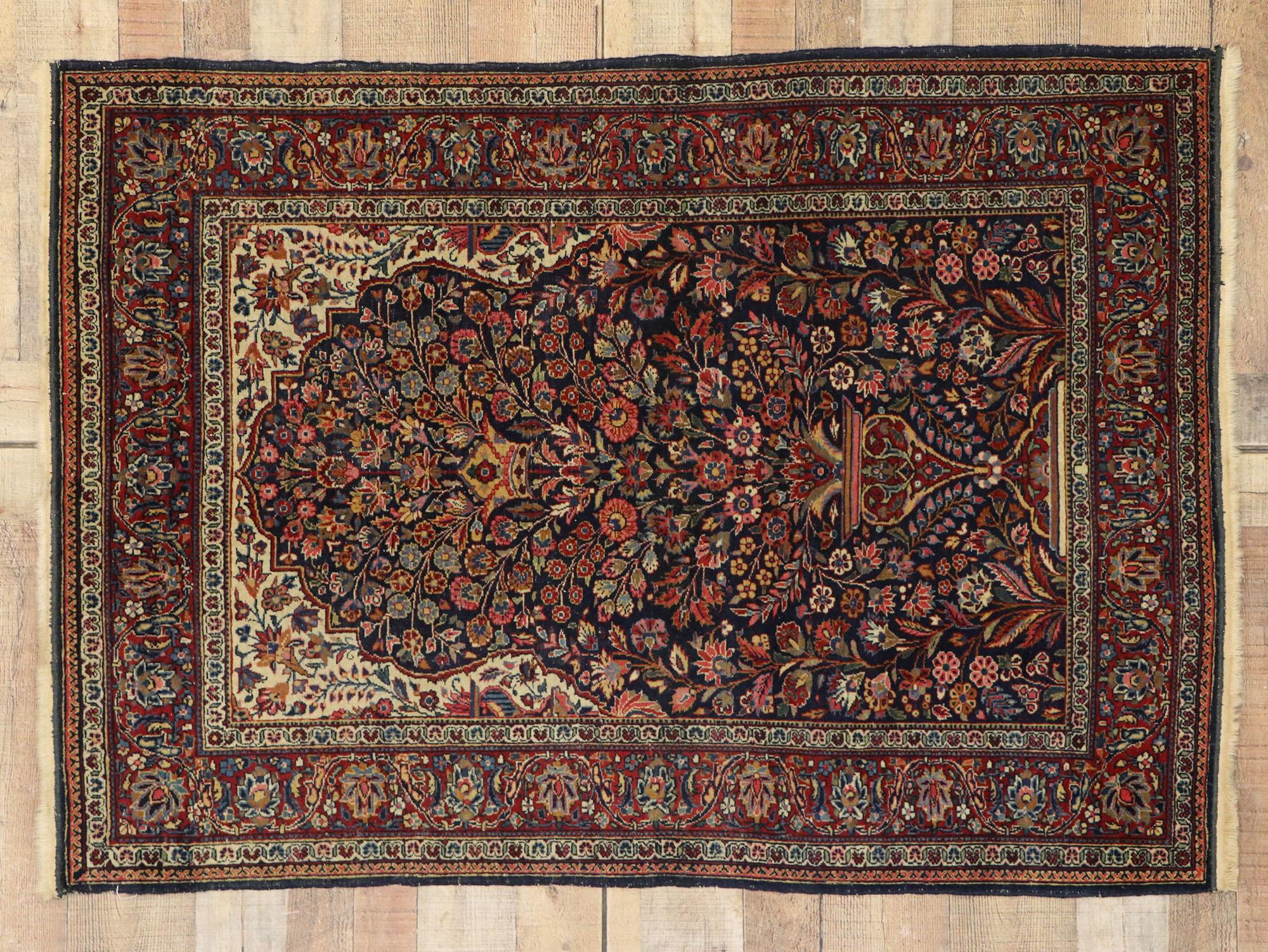 77549, antique Persian Kashan vase prayer rug with Art Nouveau style. Give the look of woven wonders and decorative elegance with hand knotted wool antique Persian Kashan vase prayer rug. Showcasing a directional prayer rug layout with a mihrab