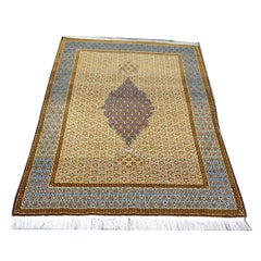 Antique Persian Kashan Wool 5x6 Camel, Ivory & Light Blue Handmade Area Rug