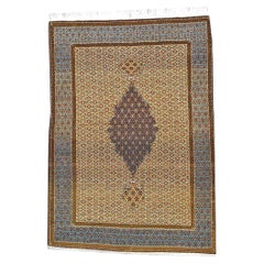 Antique Persian Kashan Wool 5x6 Camel, Ivory & Light Blue Handmade Area Rug