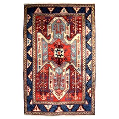 Antique 1880s Caucasian Rug, Red, Blue, and Cream, 5' x 7'