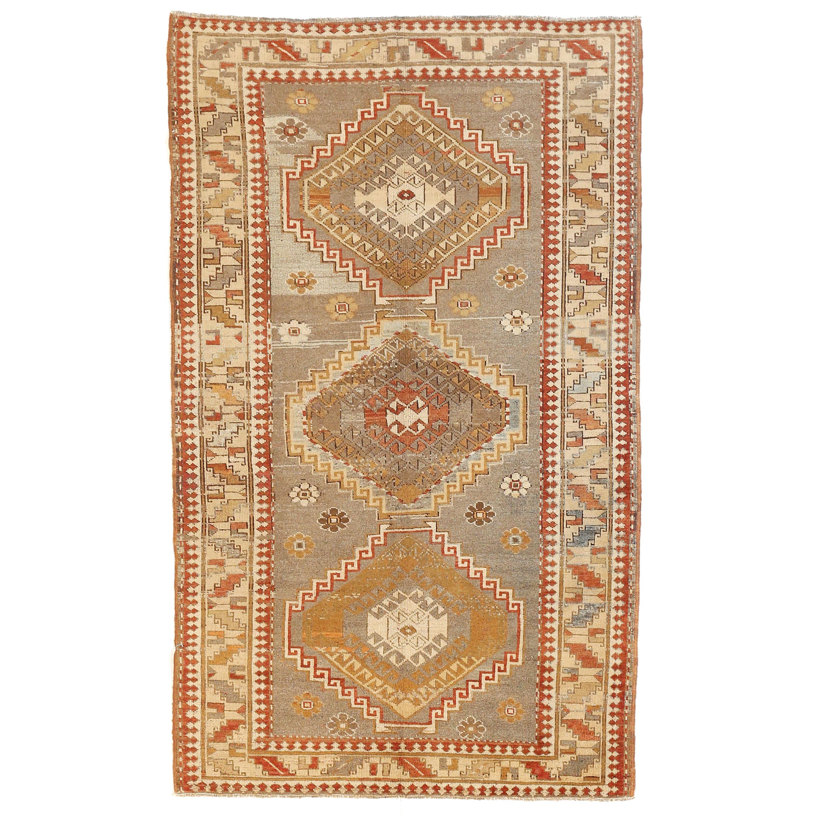 Antique Persian Kazak Style Rug with Brown and Red Tribal Medallions