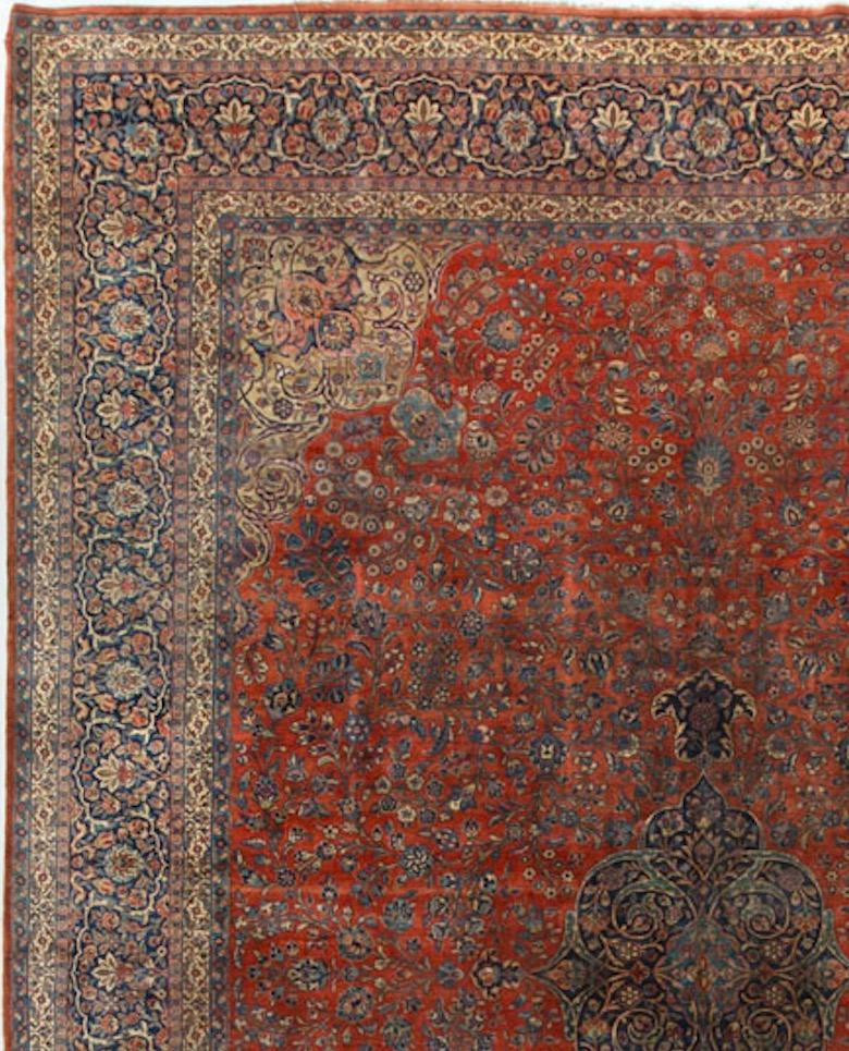 The central navy medallion and corner spandrels are perfectly placed on the lovely rust colored field. The detailed border and guard borders complete this wonderful picture that the rug creates. Kazvin is 90 miles west of Tehran and produced rugs