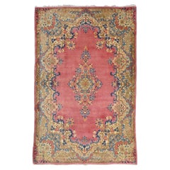 Antique Persian Kerman 4X6 Red, Blue & Ivory Handmade Area Rug