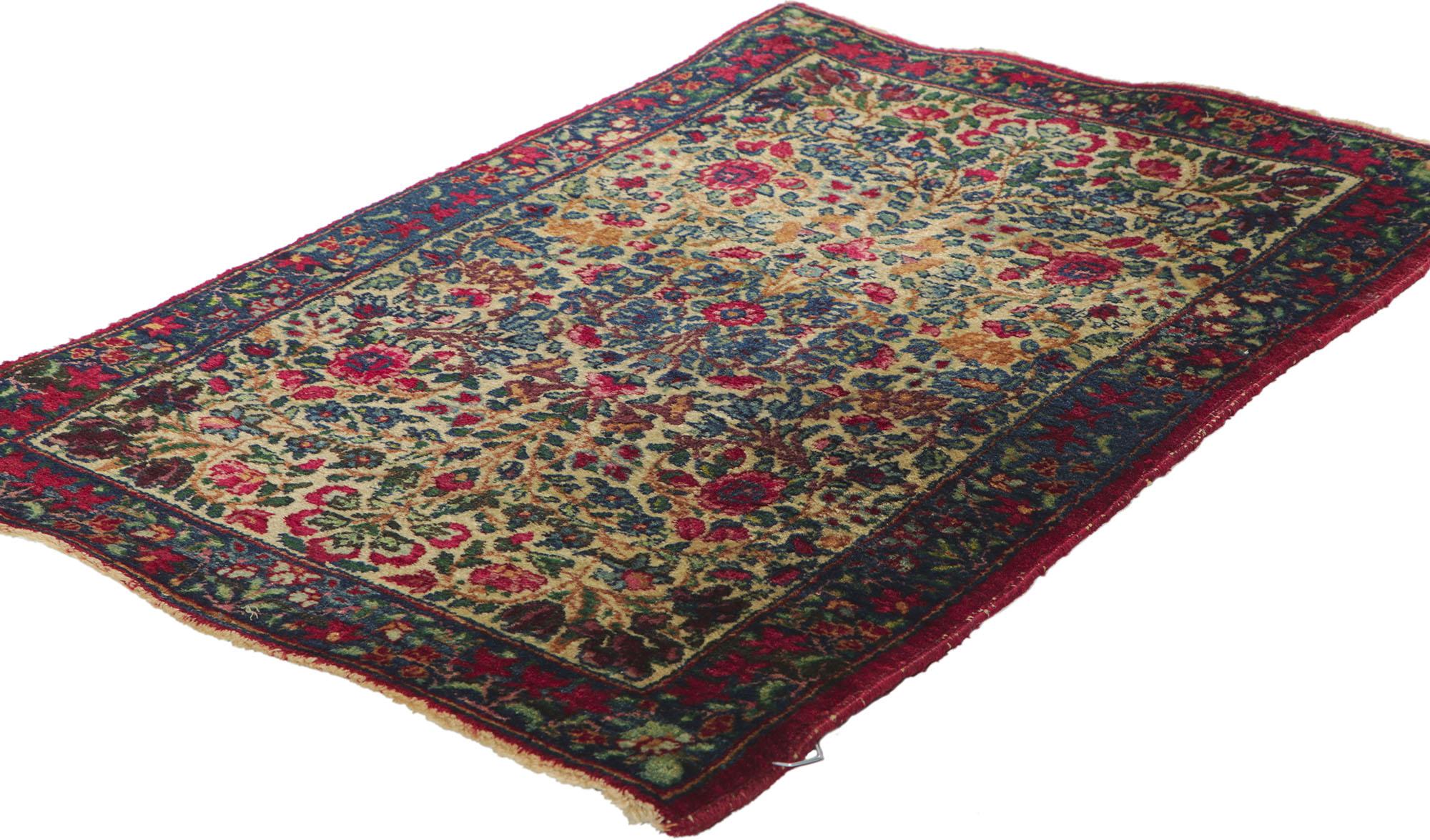 73228 Antique Persian Kerman Rug, 01'08 x 02'06. In this hand knotted wool antique Persian Kerman rug, ageless grace effortlessly intertwines with majestic opulence, forming a captivating visual spectacle. Set against a neutral canvas, the elaborate