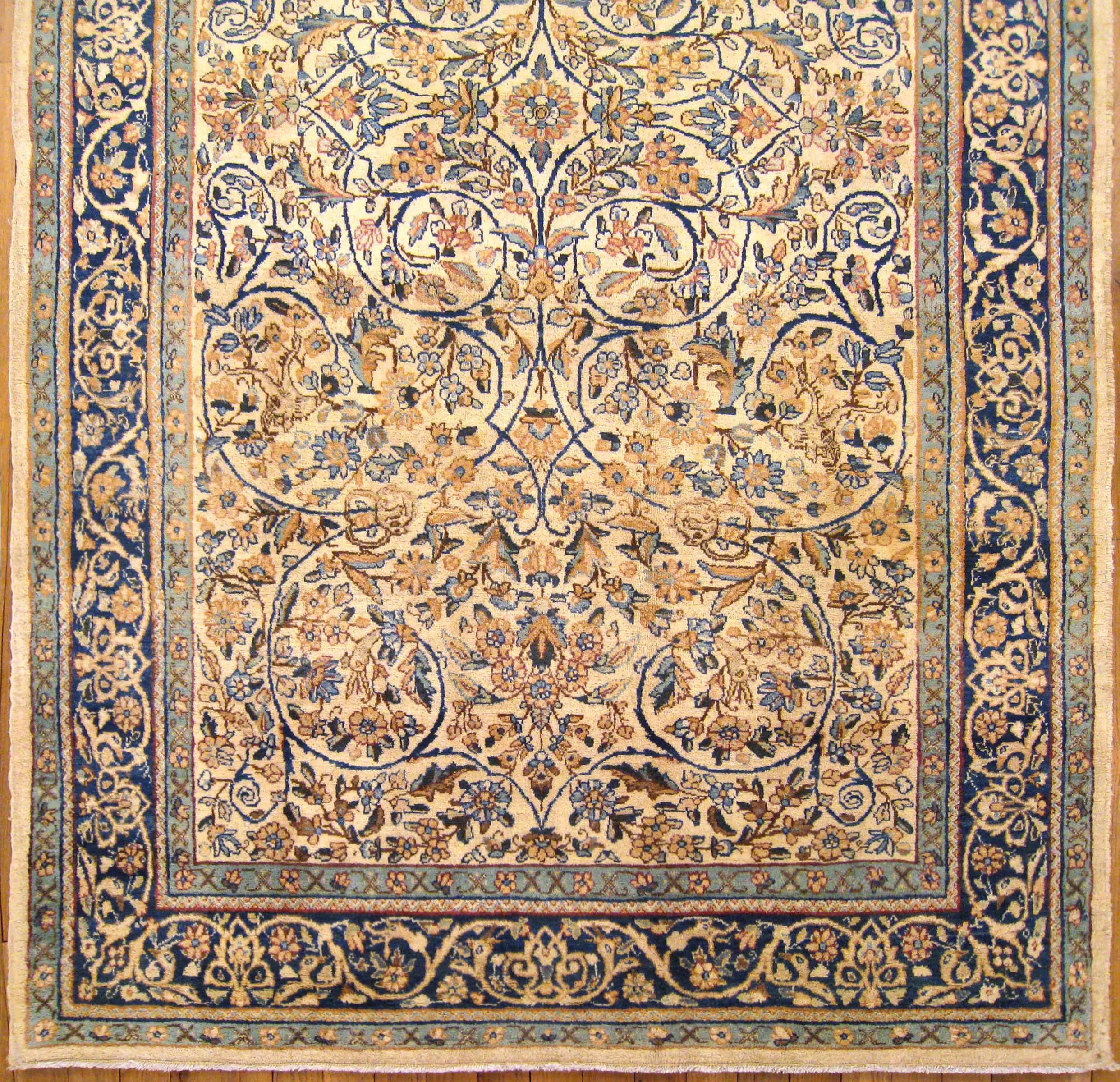 Hand-Knotted Antique Persian Kerman Carpet, in Small Size, with Ivory Field and Floral Design
