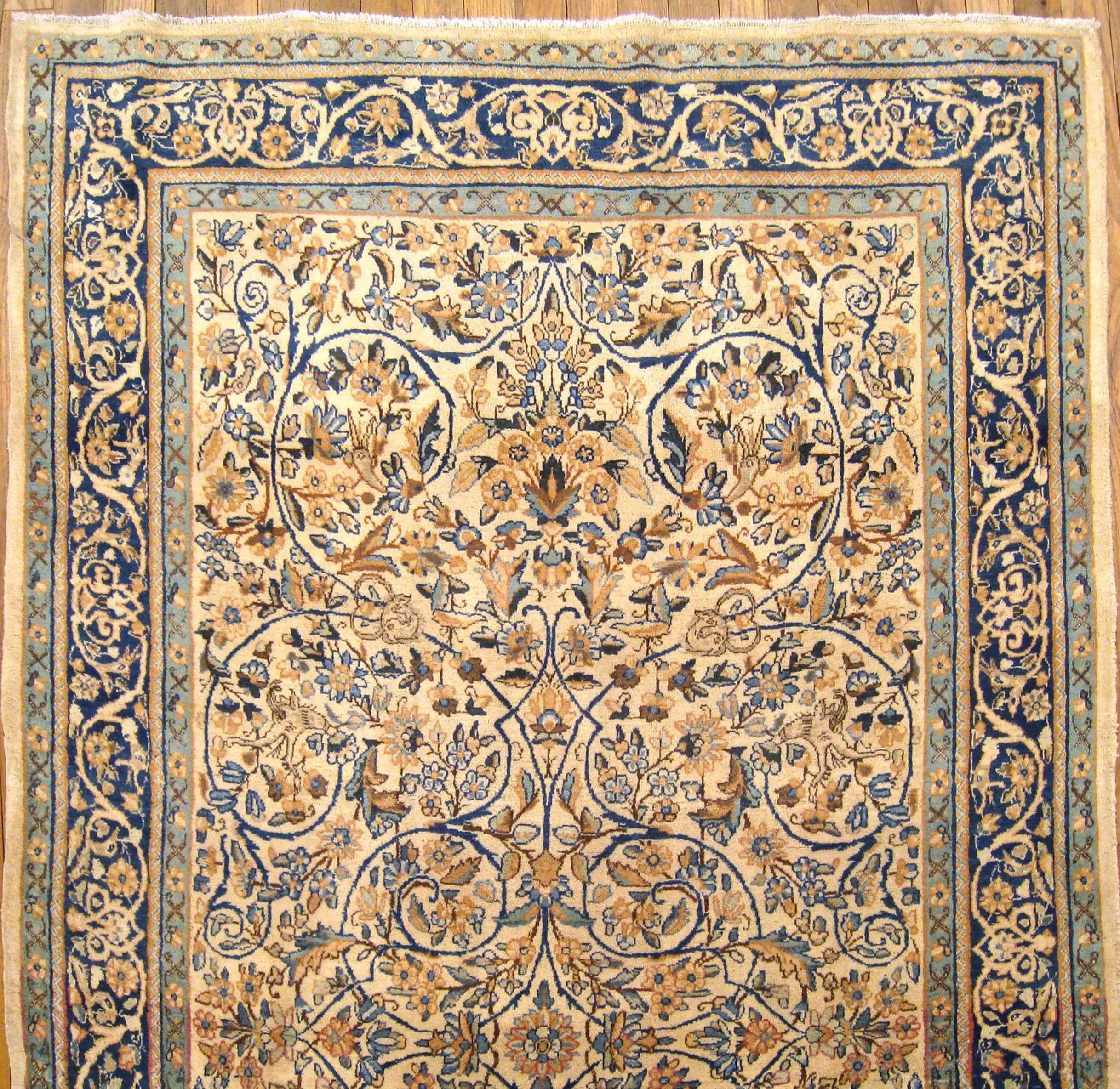 Antique Persian Kerman Carpet, in Small Size, with Ivory Field and Floral Design In Good Condition In New York, NY