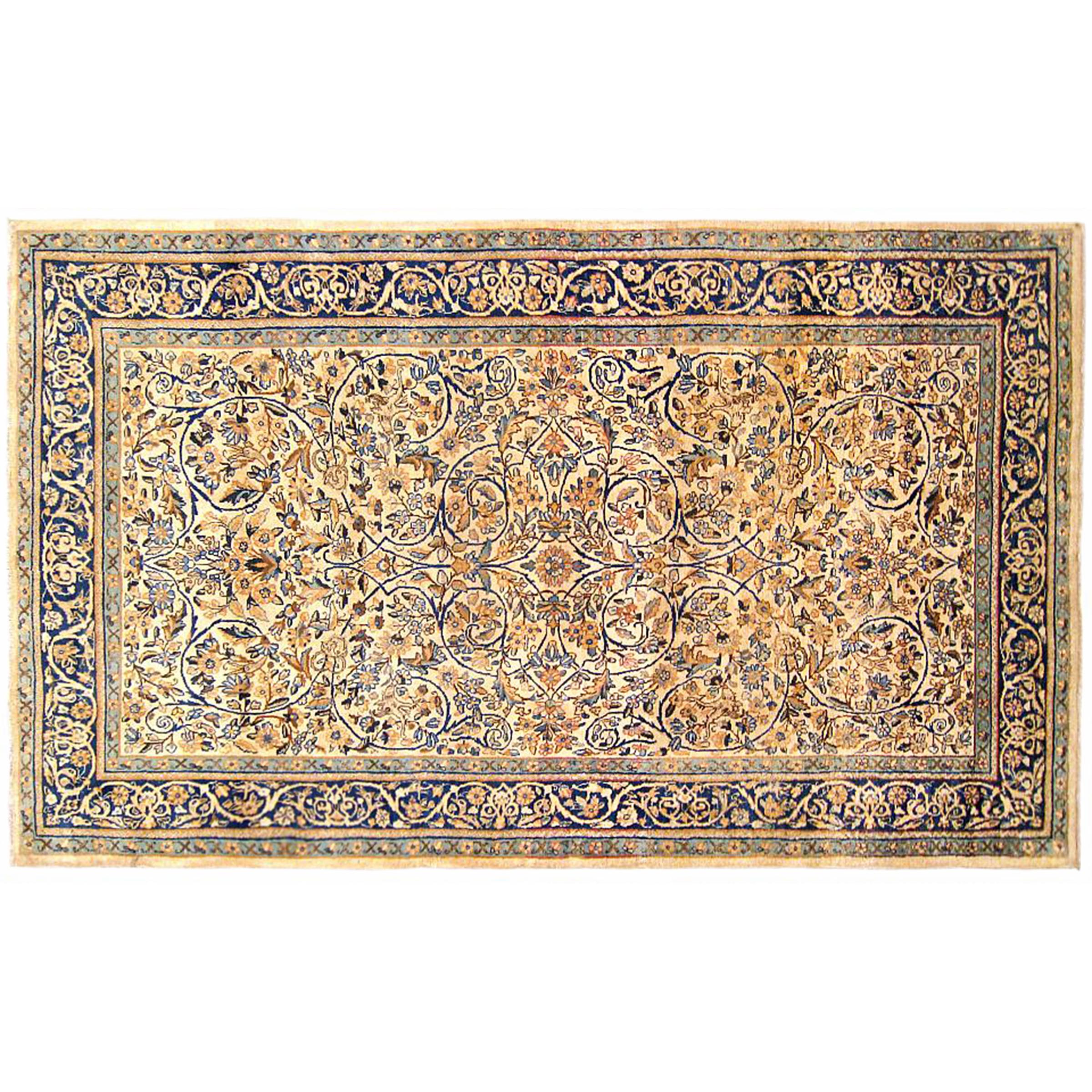Antique Persian Kerman Carpet, in Small Size, with Ivory Field and Floral Design