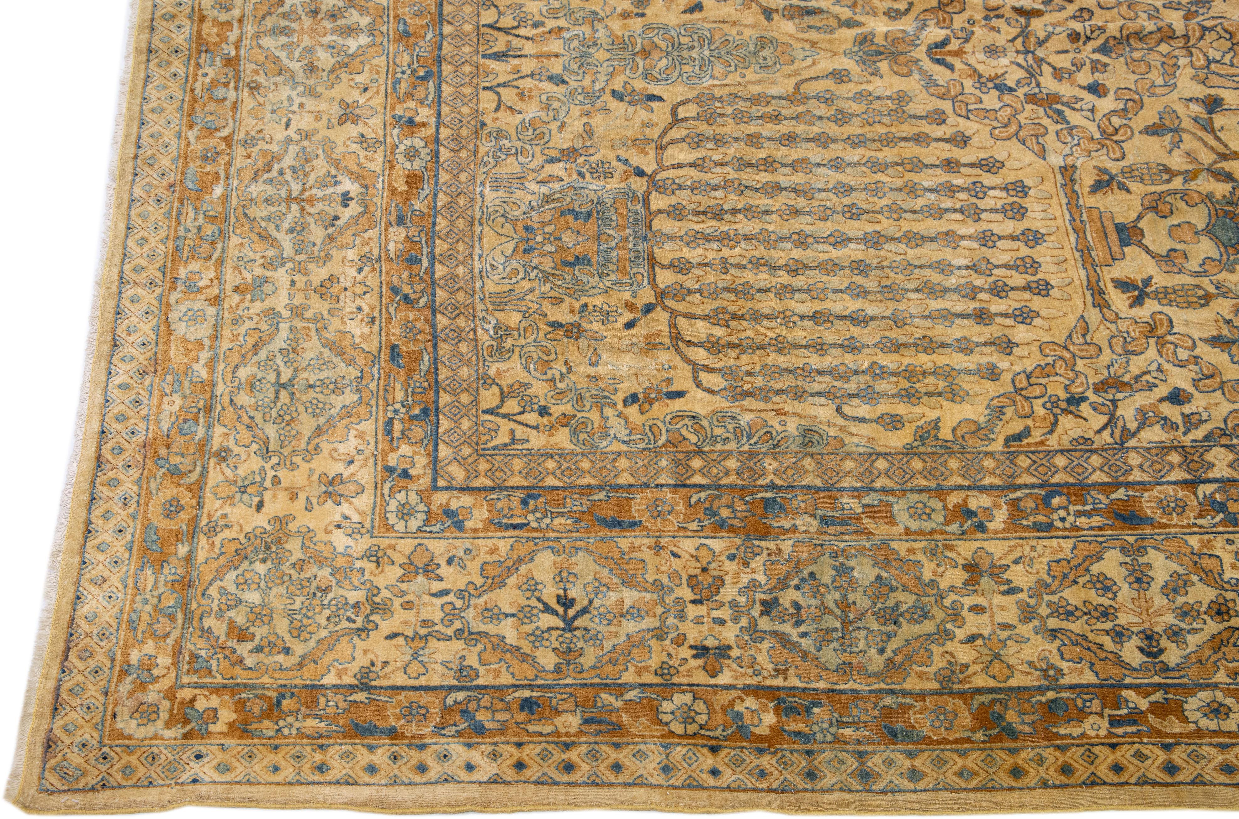 Hand-Knotted Antique Persian Kerman Handmade All-Over Floral Goldenrod Wool Rug For Sale