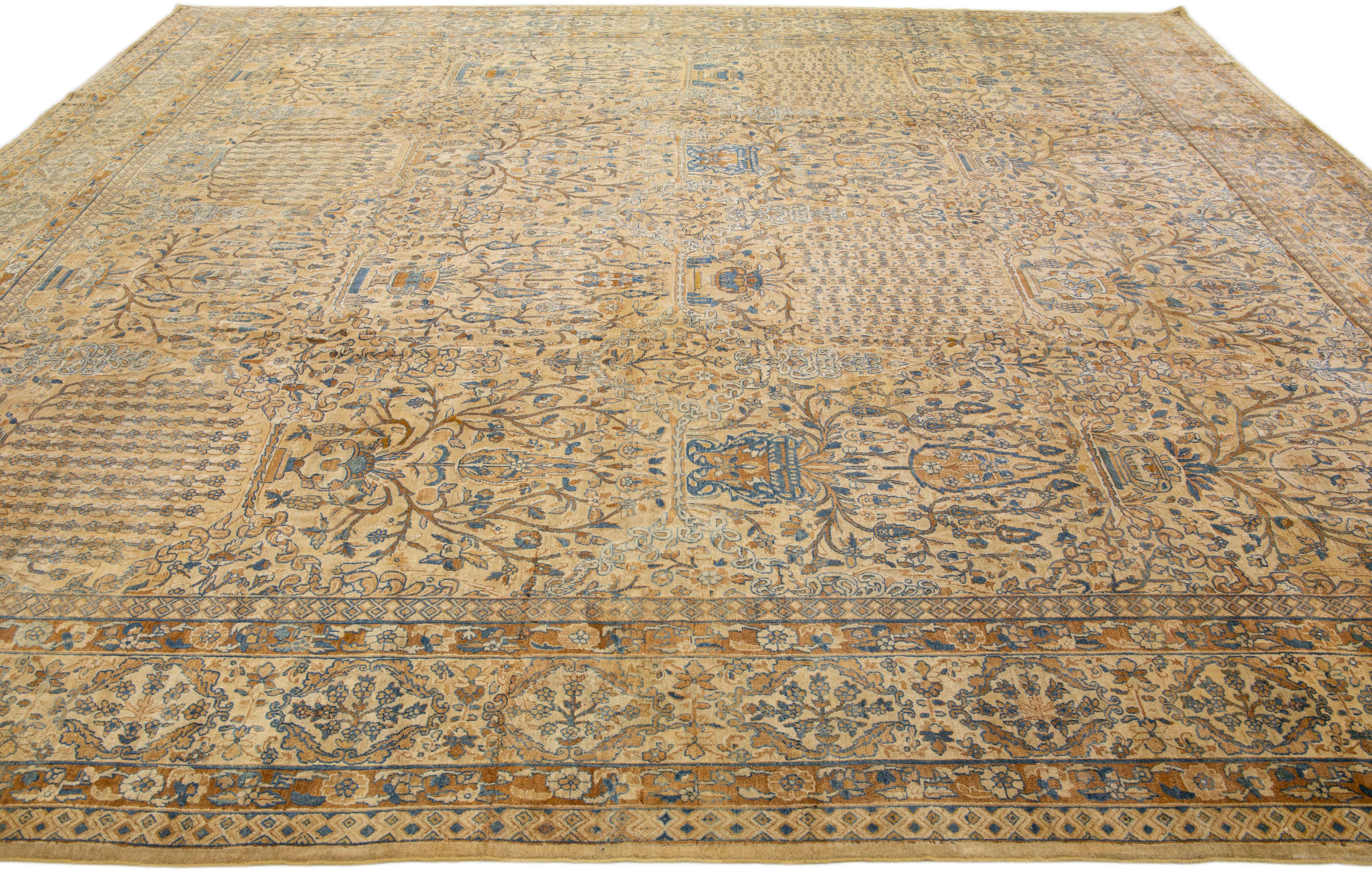 Early 20th Century Antique Persian Kerman Handmade All-Over Floral Goldenrod Wool Rug For Sale