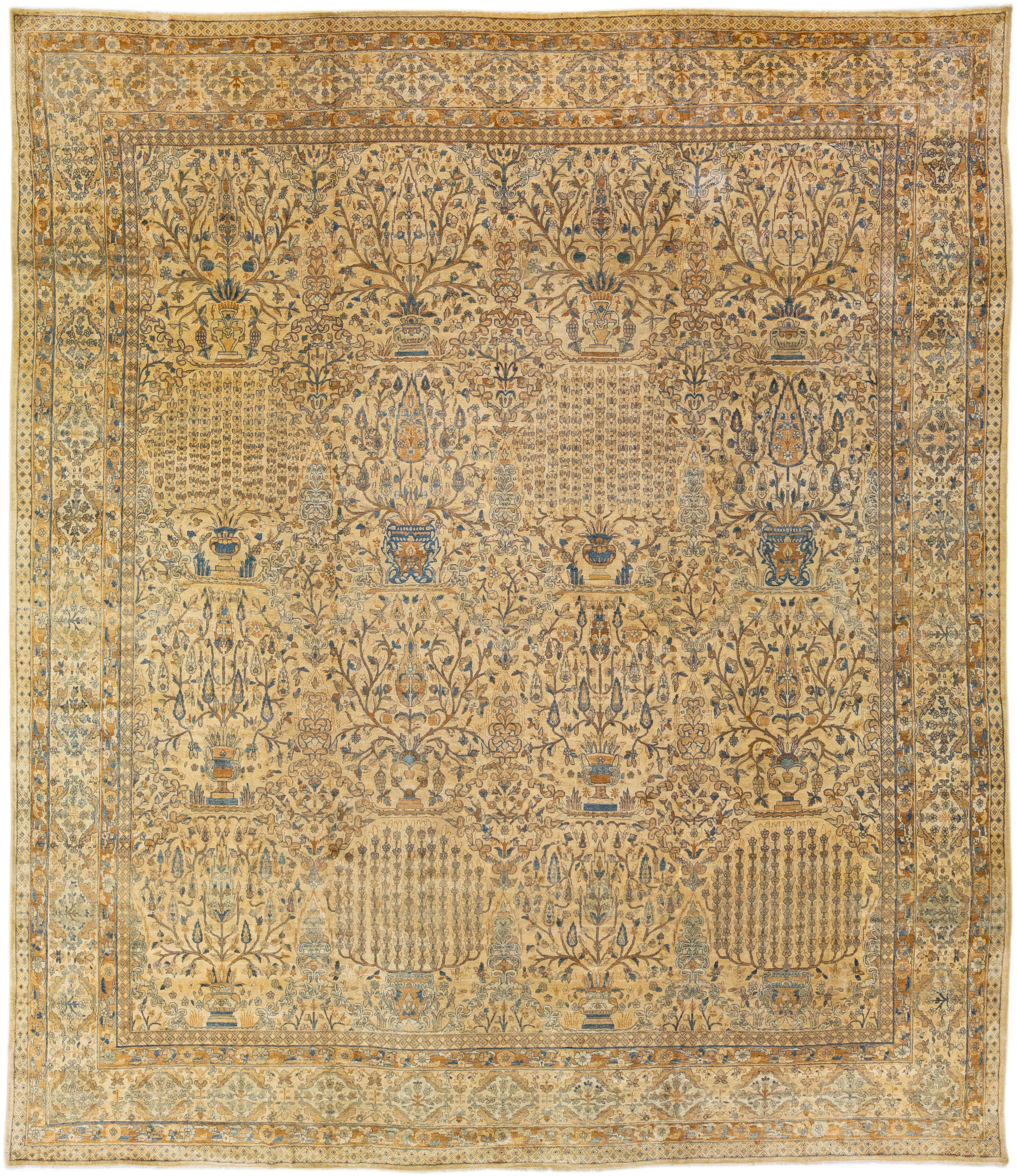 Antique Persian Kerman Handmade All-Over Floral Goldenrod Wool Rug For Sale
