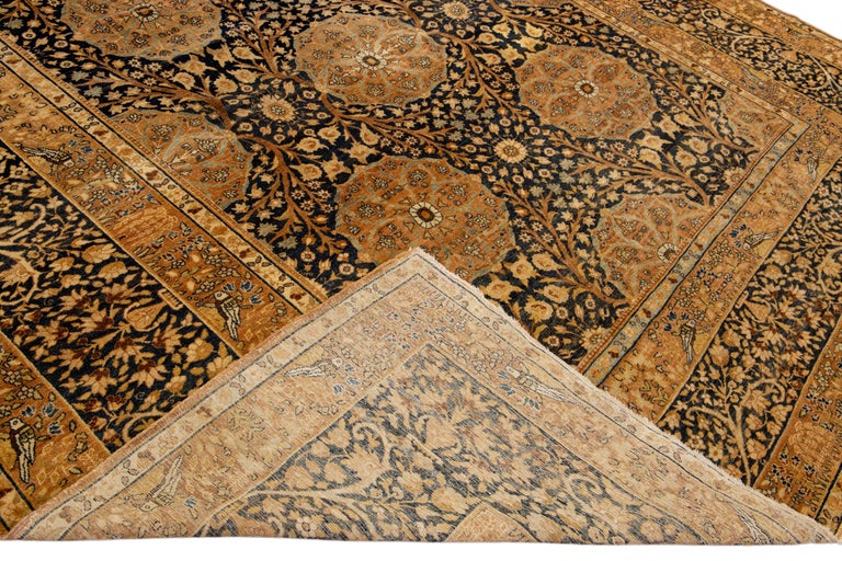 Antique Persian Kerman Handmade Allover Floral Blue and Tan Wool Rug ...