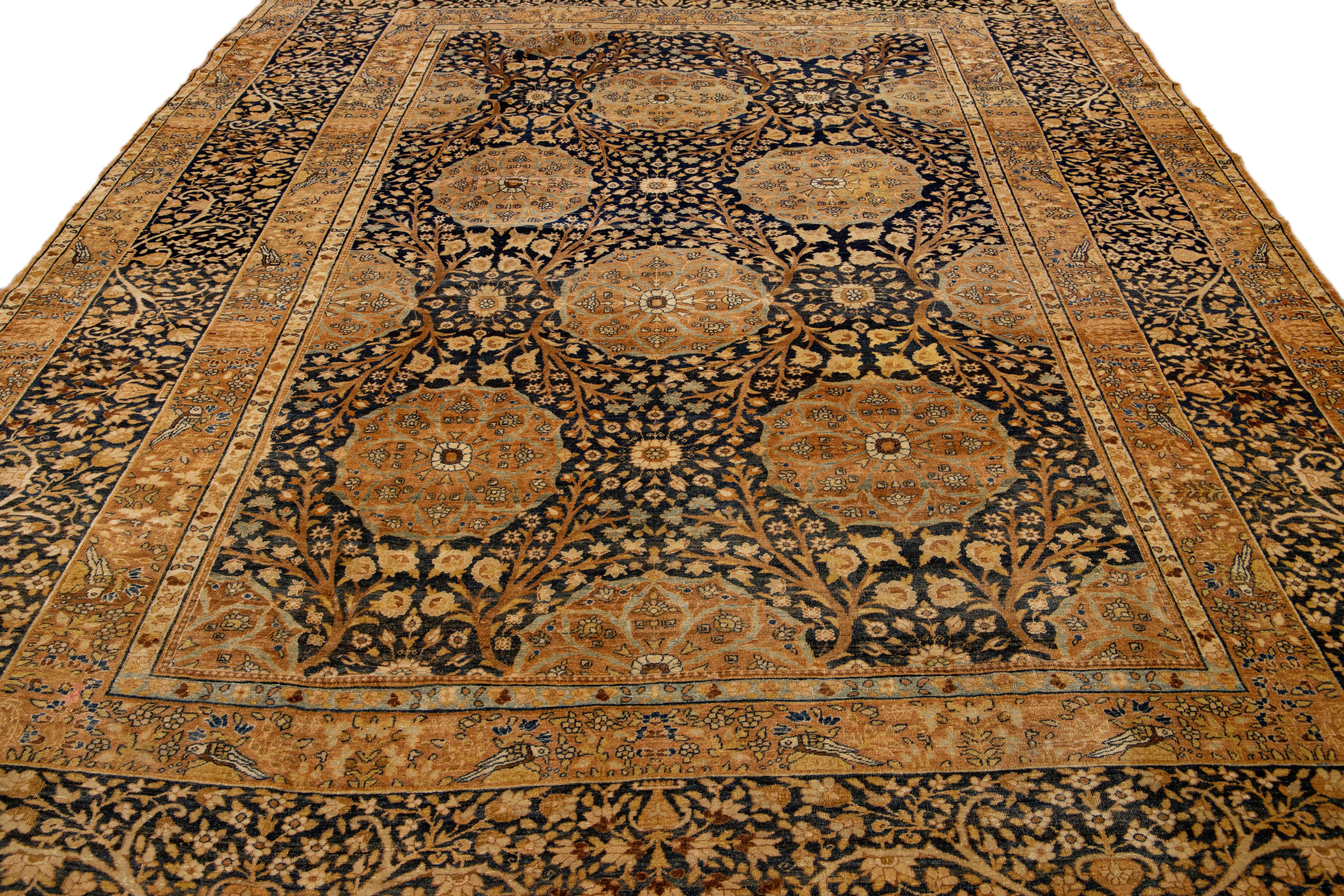 Islamic Antique Persian Kerman Handmade Allover Floral Blue and Tan Wool Rug For Sale
