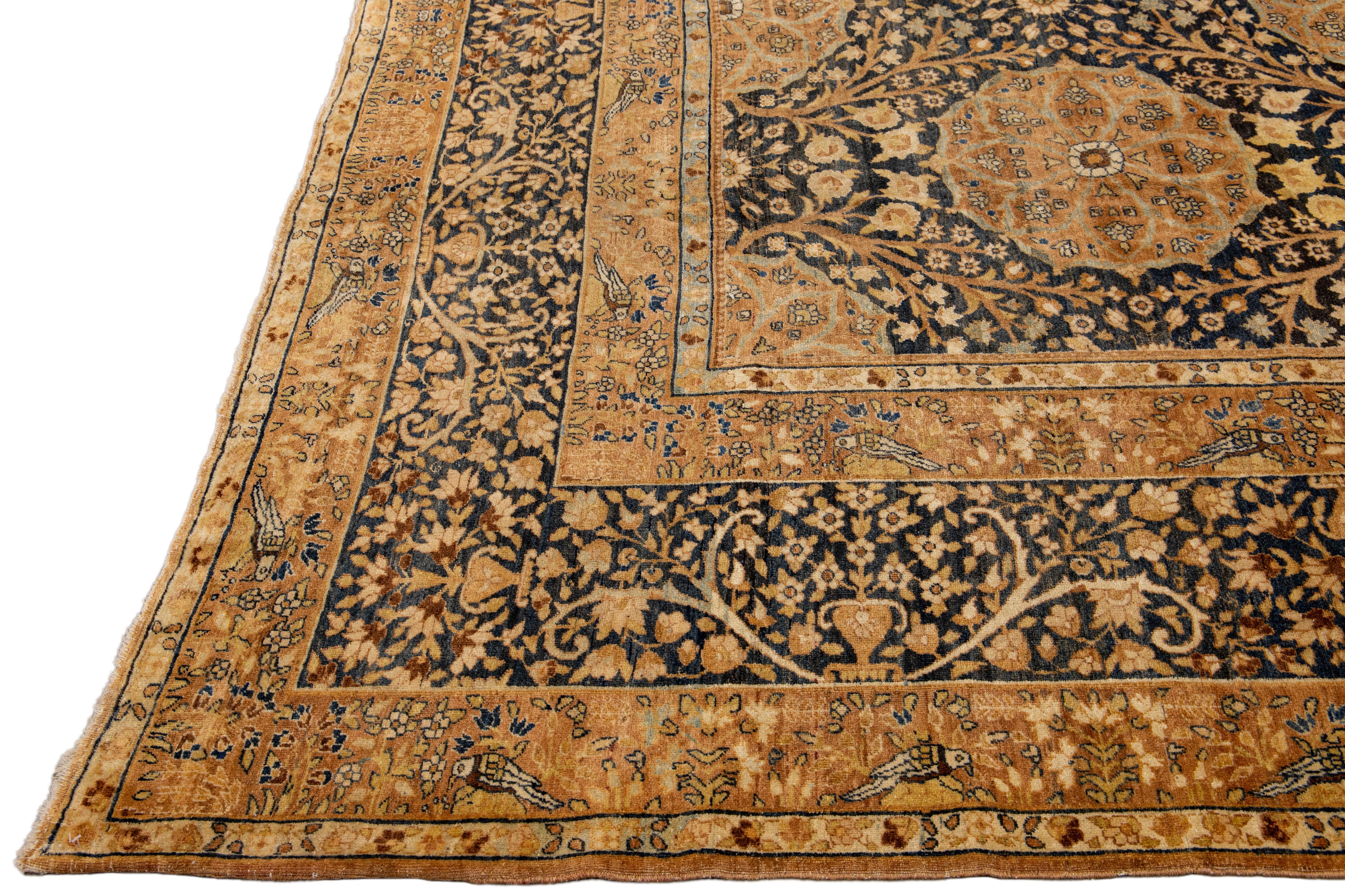 Hand-Knotted Antique Persian Kerman Handmade Allover Floral Blue and Tan Wool Rug For Sale
