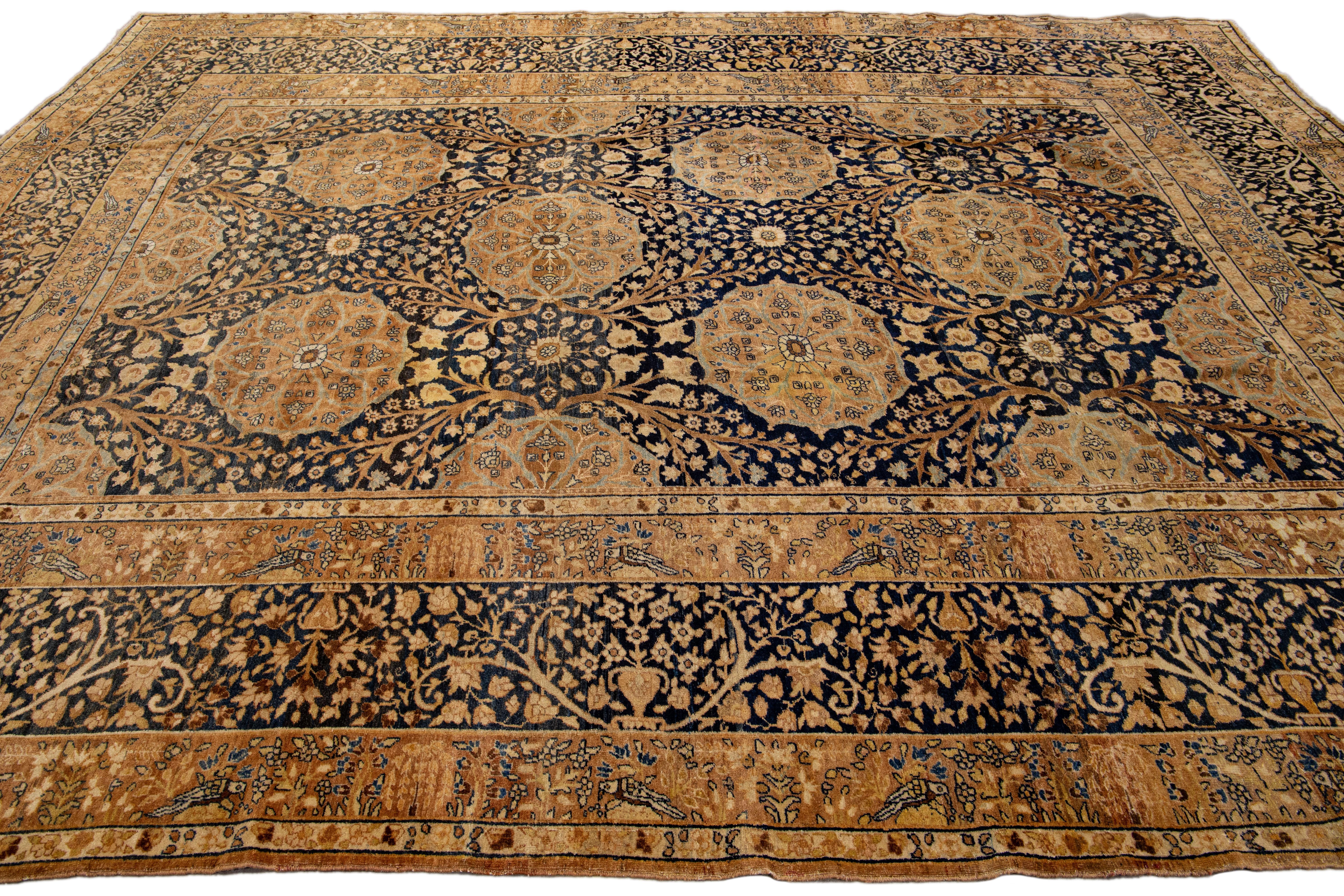 Antique Persian Kerman Handmade Allover Floral Blue and Tan Wool Rug In Excellent Condition For Sale In Norwalk, CT