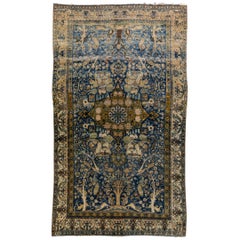 Antique Persian Kerman Handmade Medallion Blue Distressed Wool Rug