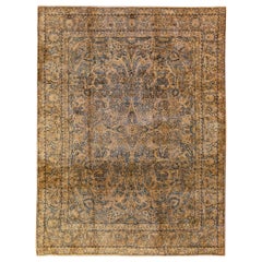 Antique Persian Kerman Handmade Medallion Floral Goldenrod Wool Rug