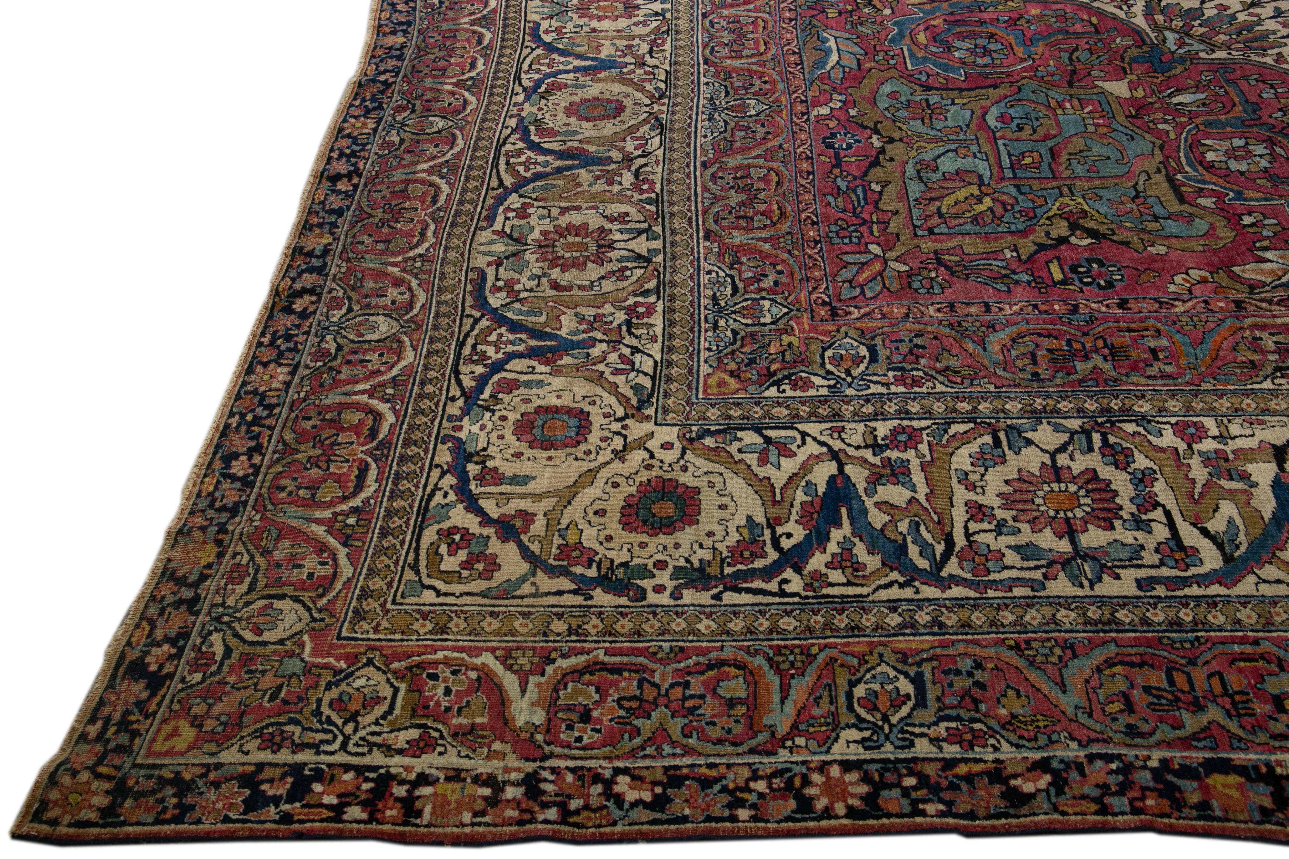 Hand-Knotted Antique Persian Kerman Handmade Medallion Red Oversize Wool Rug For Sale