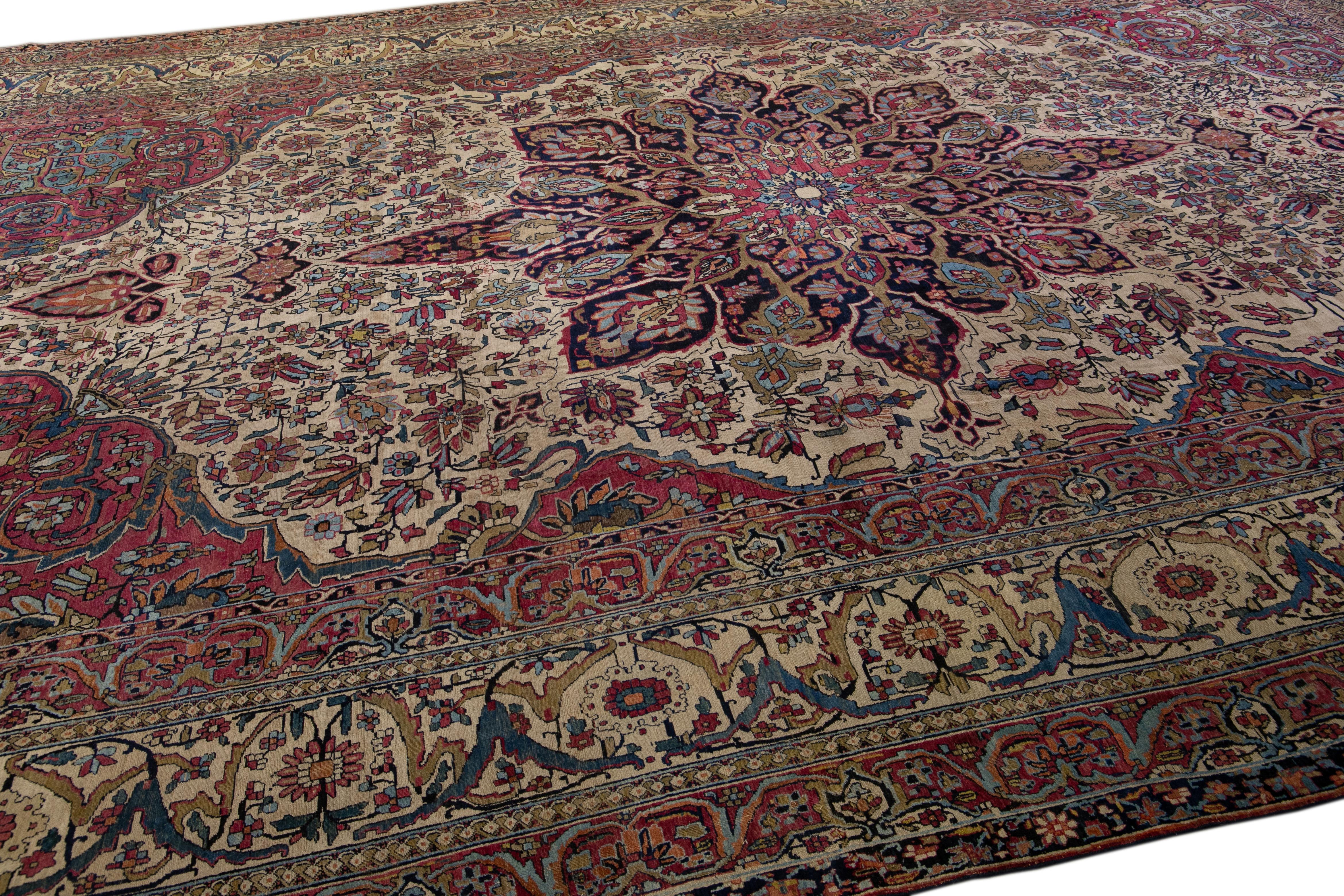 Antique Persian Kerman Handmade Medallion Red Oversize Wool Rug In Excellent Condition For Sale In Norwalk, CT