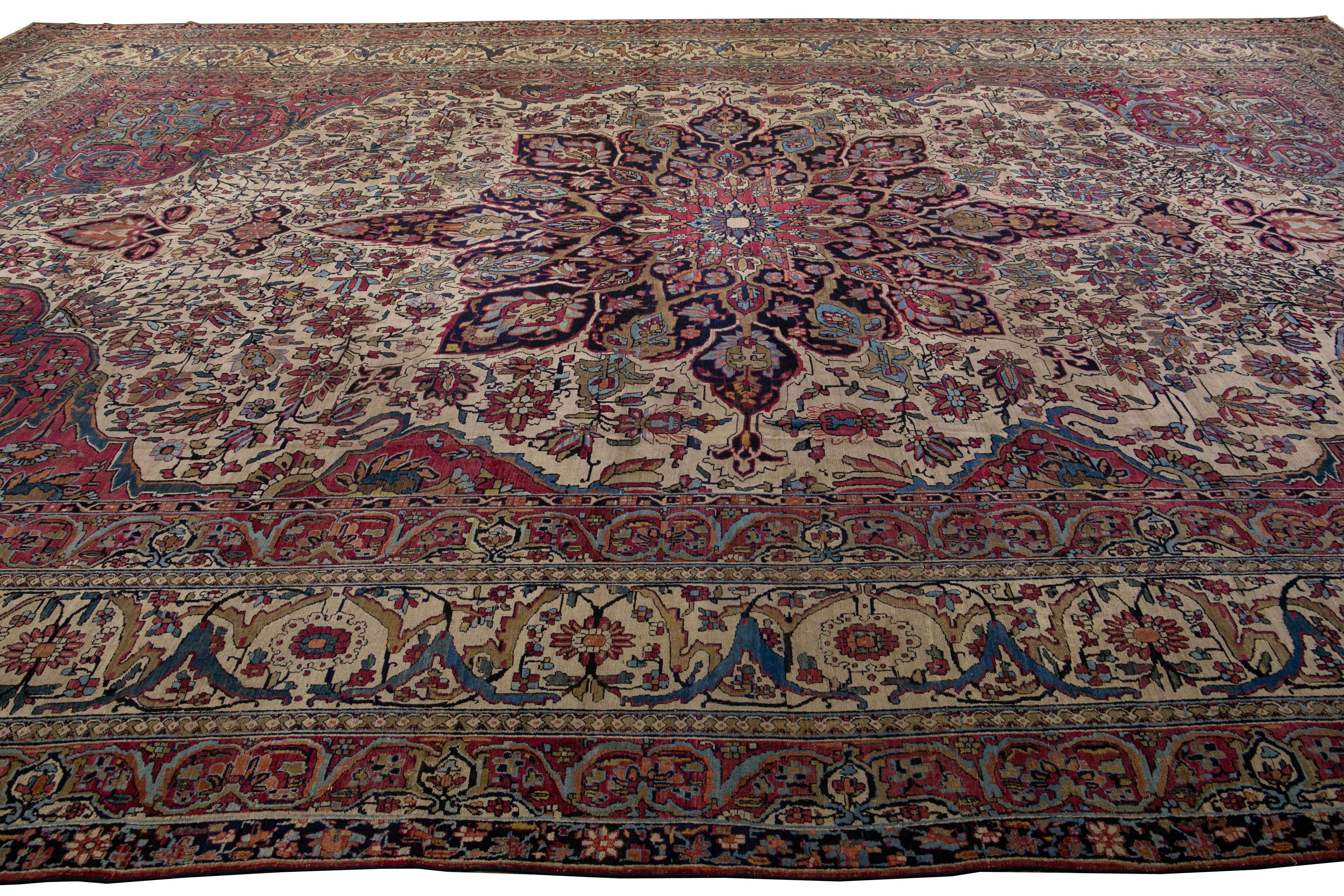 20th Century Antique Persian Kerman Handmade Medallion Red Oversize Wool Rug For Sale