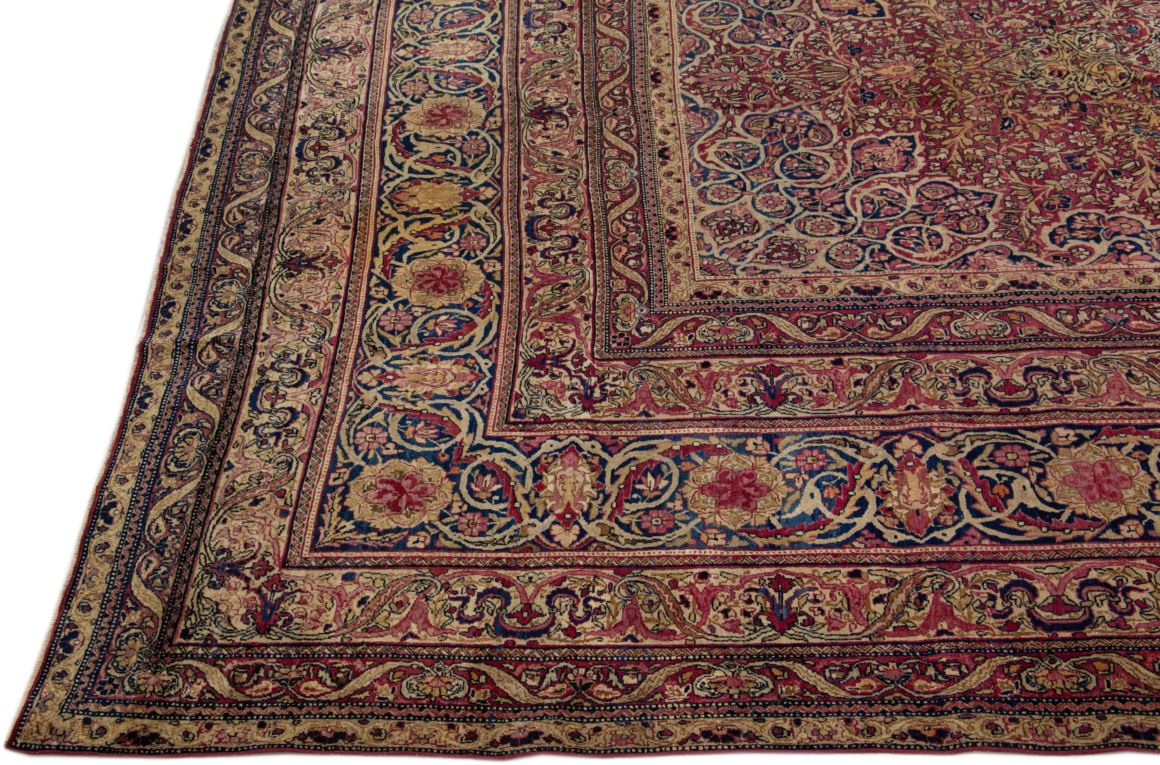 Hand-Knotted Antique Persian Kerman Handmade Multicolor Wool Rug with Rosette Design For Sale