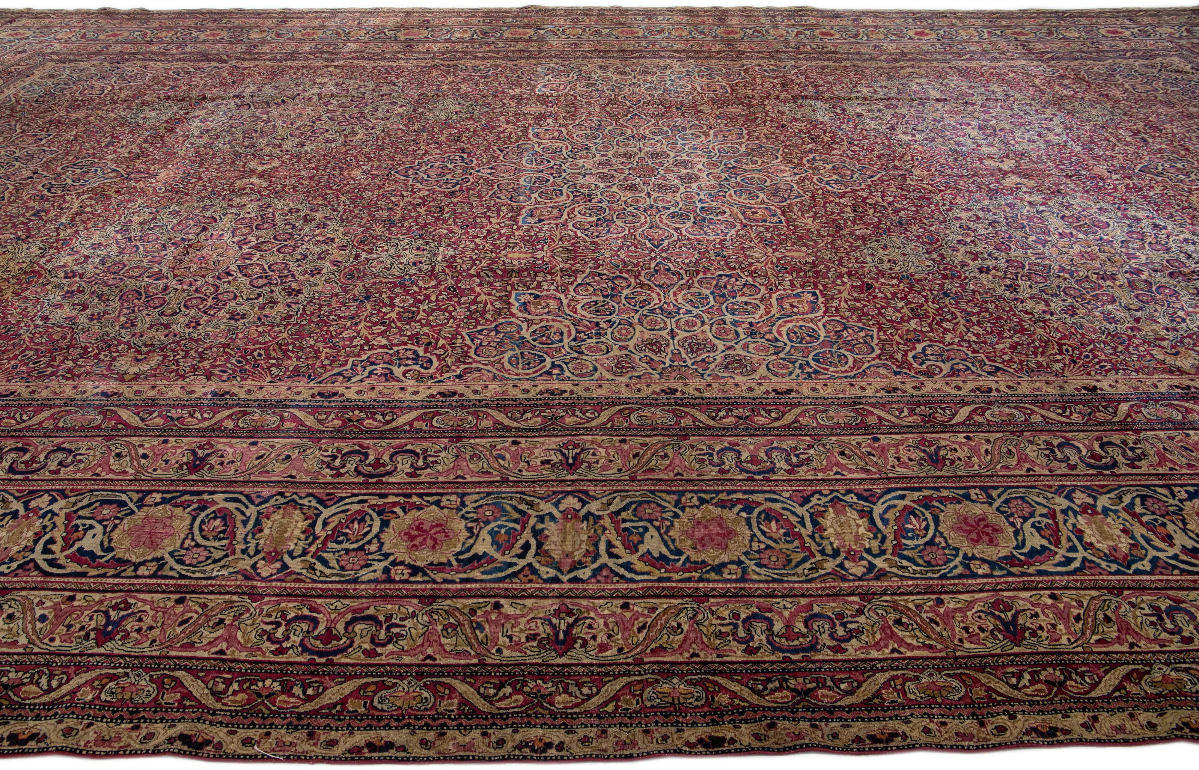 Antique Persian Kerman Handmade Multicolor Wool Rug with Rosette Design In Good Condition For Sale In Norwalk, CT