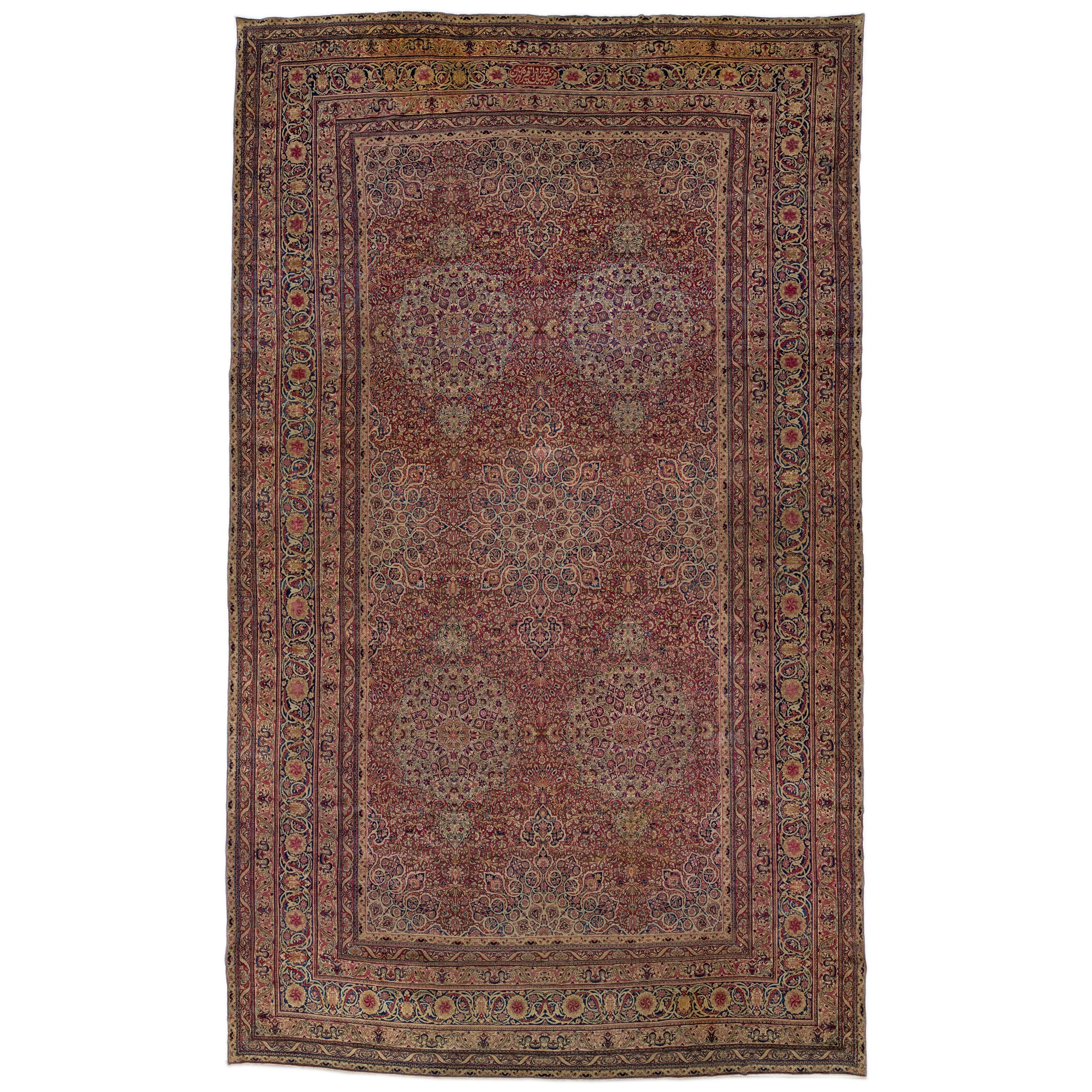 Antique Persian Kerman Handmade Multicolor Wool Rug with Rosette Design