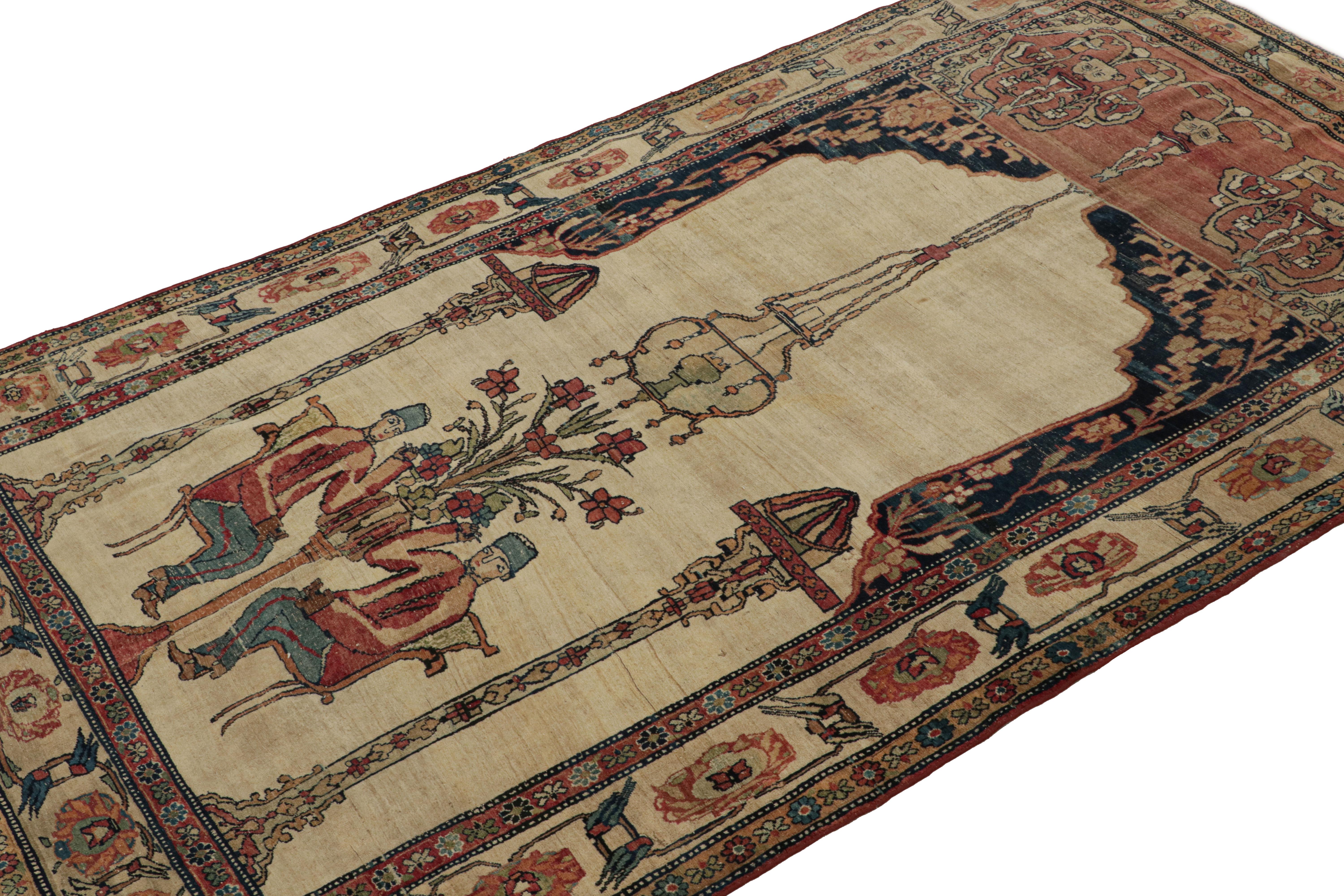 Hand-knotted in wool circa 1910-1920, this 5x8 rug is a very special antique Persian Kerman Lavar piece with pictorial patterns.  

On the Design: 

Drawing on Persian Kerman Lavar rugs, this archaic piece of art exhibiting an old-world charm,