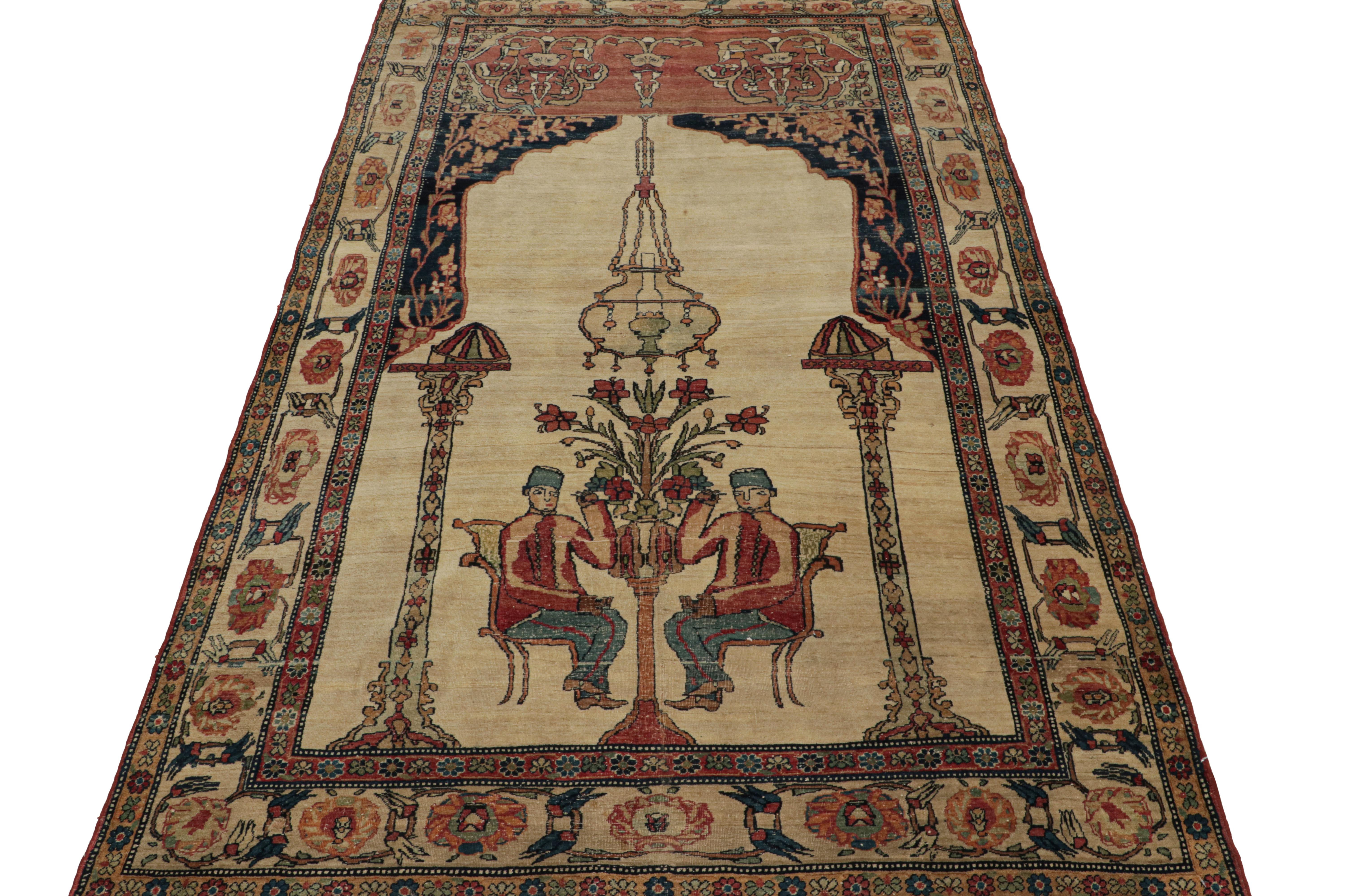 Hand-Knotted Antique Persian Kerman Lavar Rug in Beige with Pictorials, from Rug & Kilim For Sale