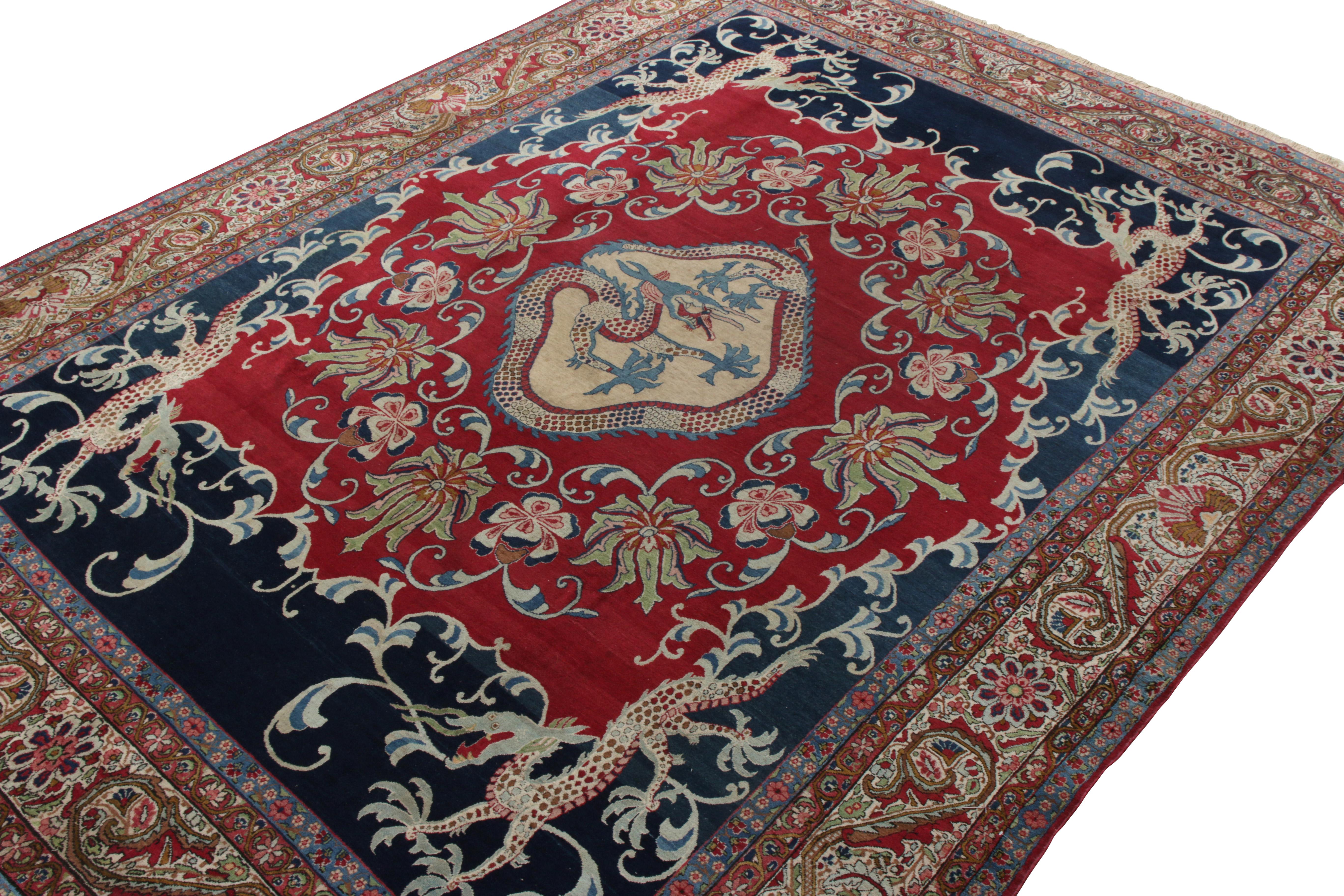 Altro Antique Persian Kerman Lavar Rug in Red, Green, Blue, Dragon Pictorial Pattern in vendita