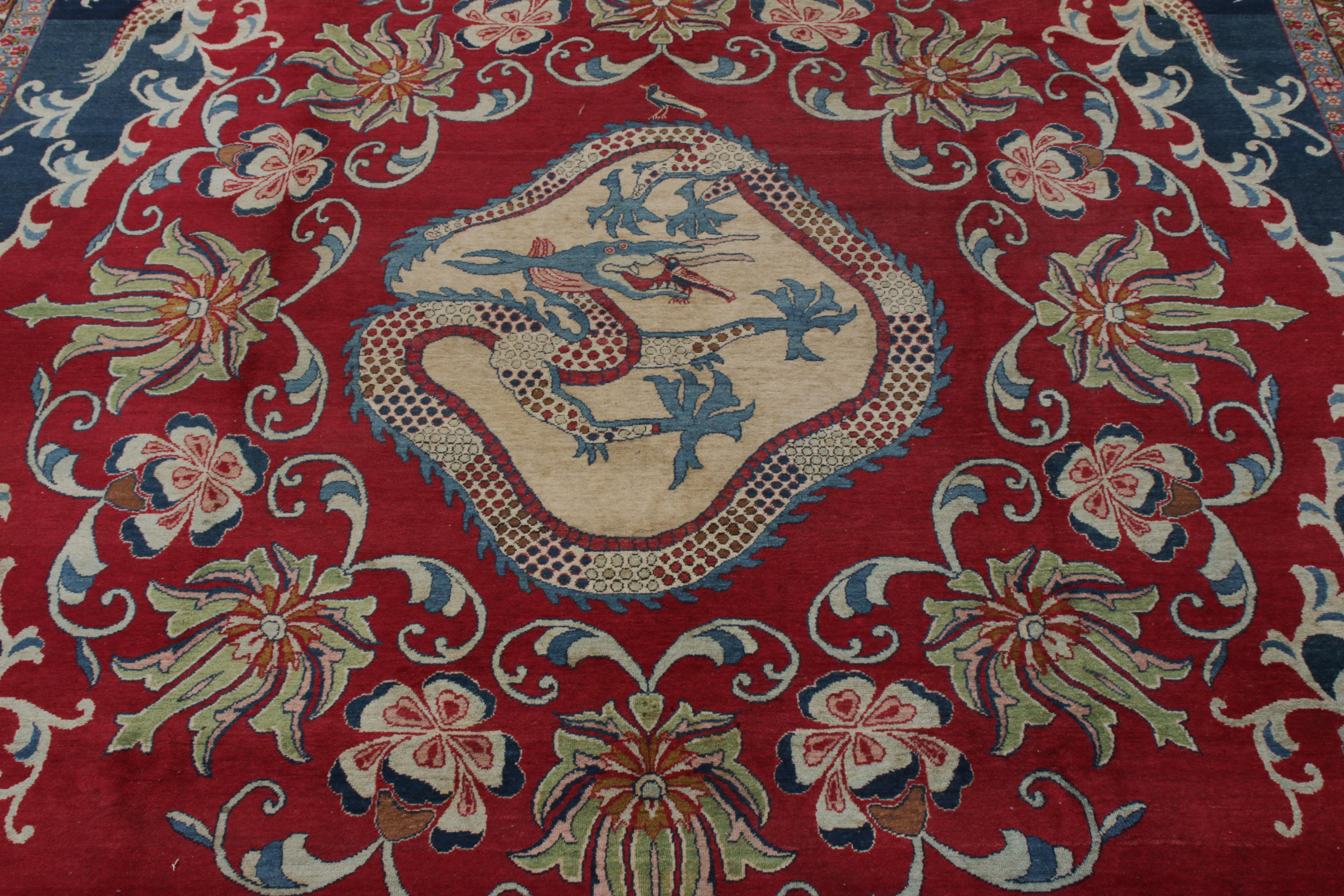 Persiano Antique Persian Kerman Lavar Rug in Red, Green, Blue, Dragon Pictorial Pattern in vendita