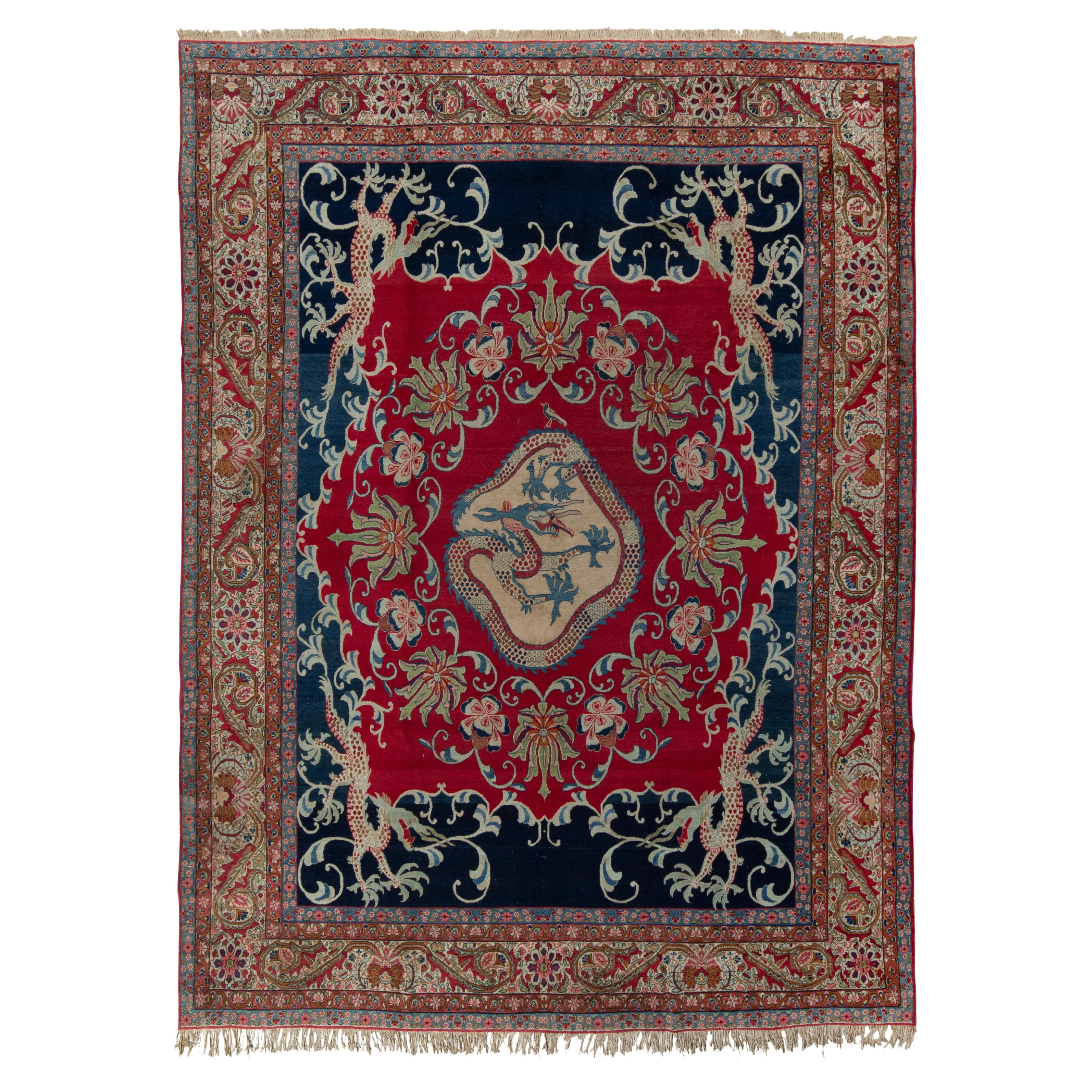 Antique Persian Kerman Lavar Rug in Red, Green, Blue, Dragon Pictorial Pattern
