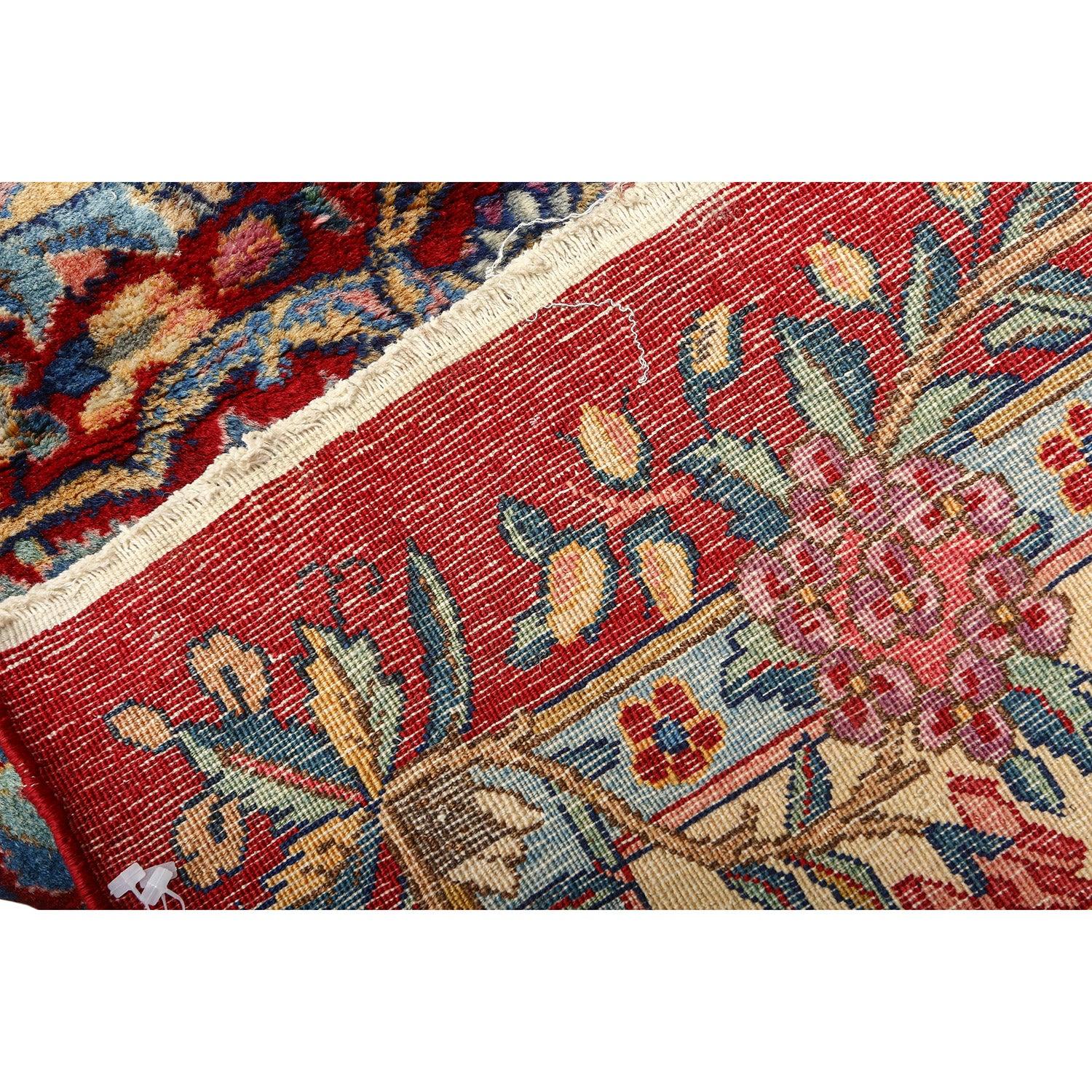 Antique Kerman Lavar Rug in Kork and Cotton 14'1 X 9'8
 
 Key Details:
 Pile: Kork
 Foundation: Cotton
 Origin: Kerman Lavar
 Design: Center Medallion
 Approximate Age: 85 Years
 Quality (KPI): 300
 Condition: Good
 Dimension: 14'1 x 9'8
 Inventory