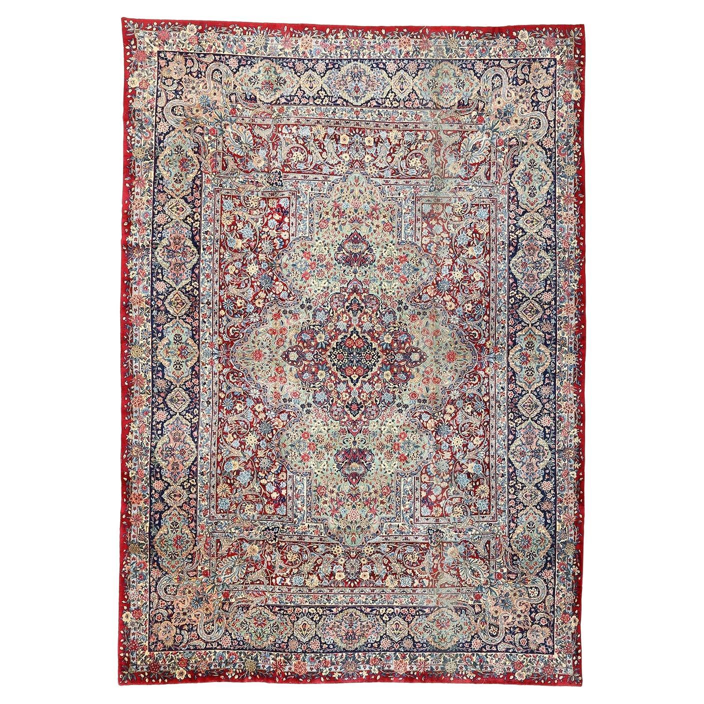 Antique Persian Kerman Lavar Rug- Size: 14'1 X 9'8 For Sale