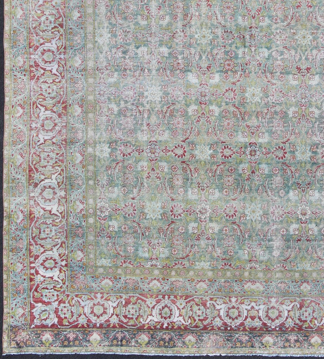 Antique Persian Kerman Lavar rug with geometric leaf and flower Herati motifs, Kwarugs E-0803, antique classic Persian Lavar Kerman

With a teal color backgrounds that varies from teal green to teal blue, this exquisite antique Lavar Kerman carpet