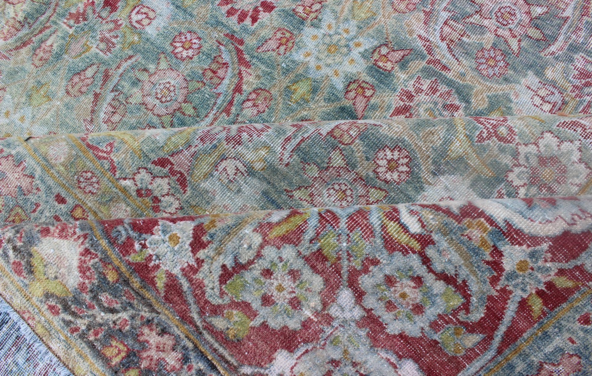 Wool Antique Persian Kerman Lavar Rug with Geometric Leaf and Flower Herati Motifs For Sale
