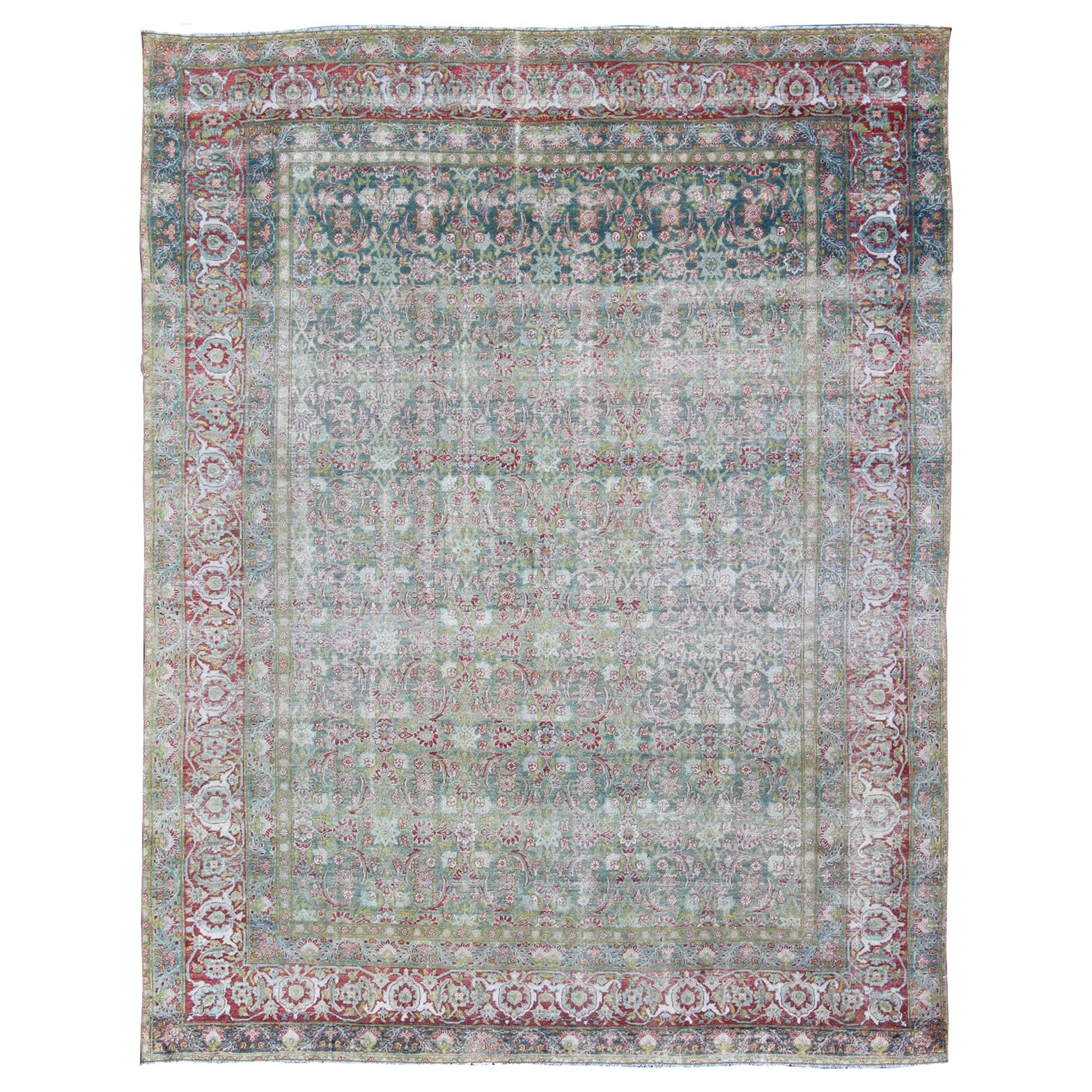 Antique Persian Kerman Lavar Rug with Geometric Leaf and Flower Herati Motifs For Sale