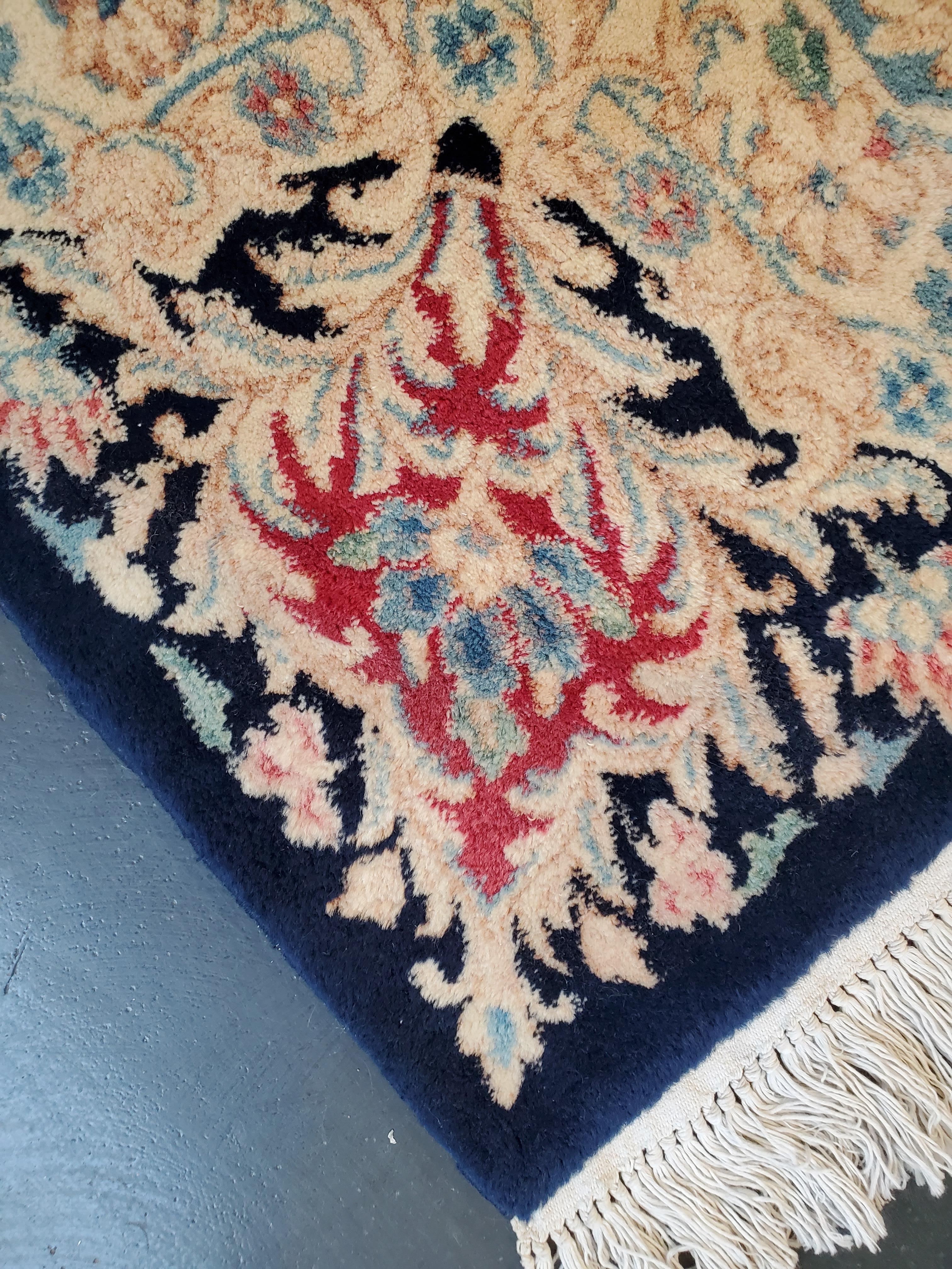 Antique Persian Kerman Oriental Carpet, Handmade Rug Navy, Ivory, Red, Soft Gold For Sale 8
