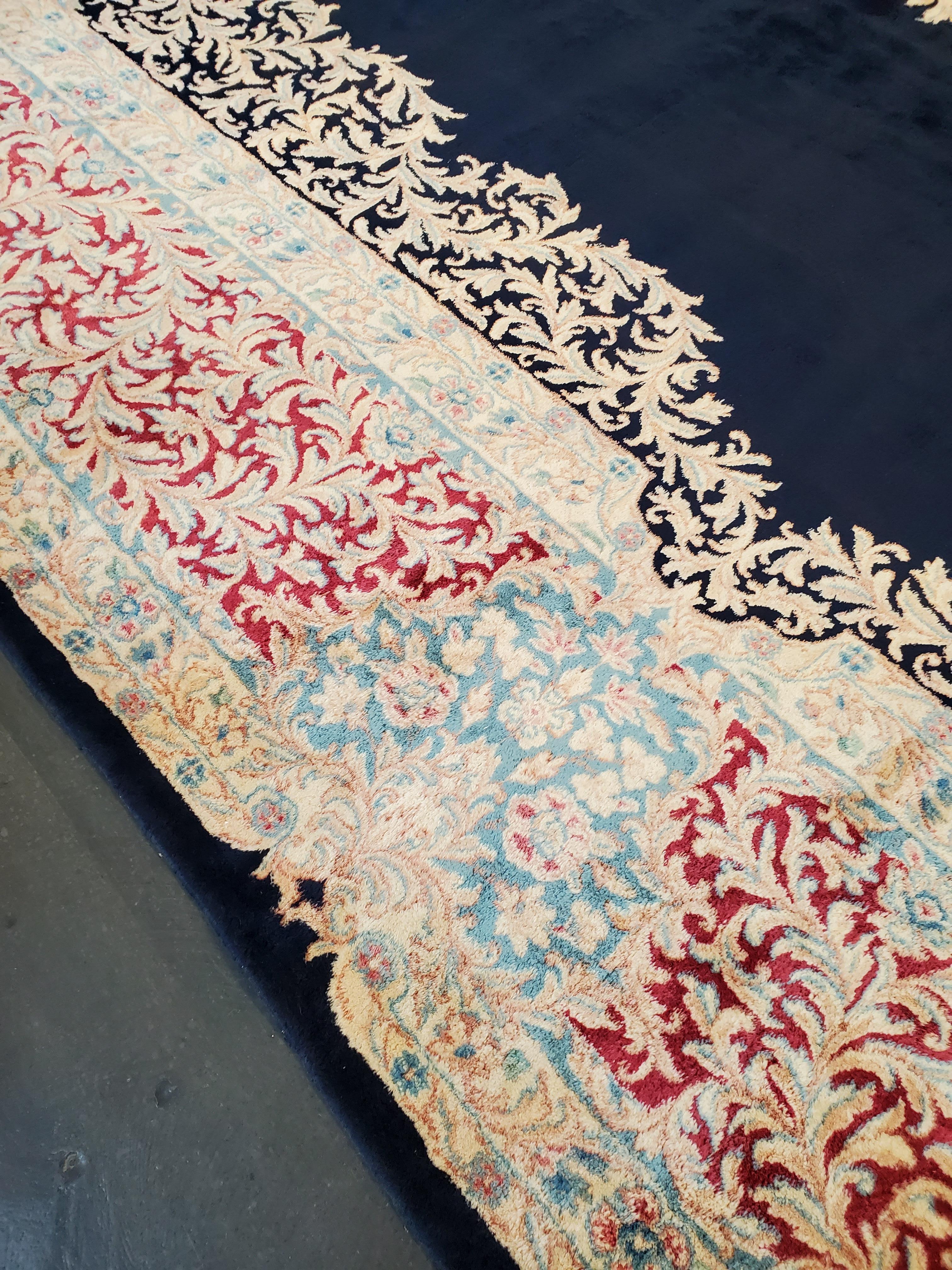 Antique Persian Kerman Oriental Carpet, Handmade Rug Navy, Ivory, Red, Soft Gold For Sale 9