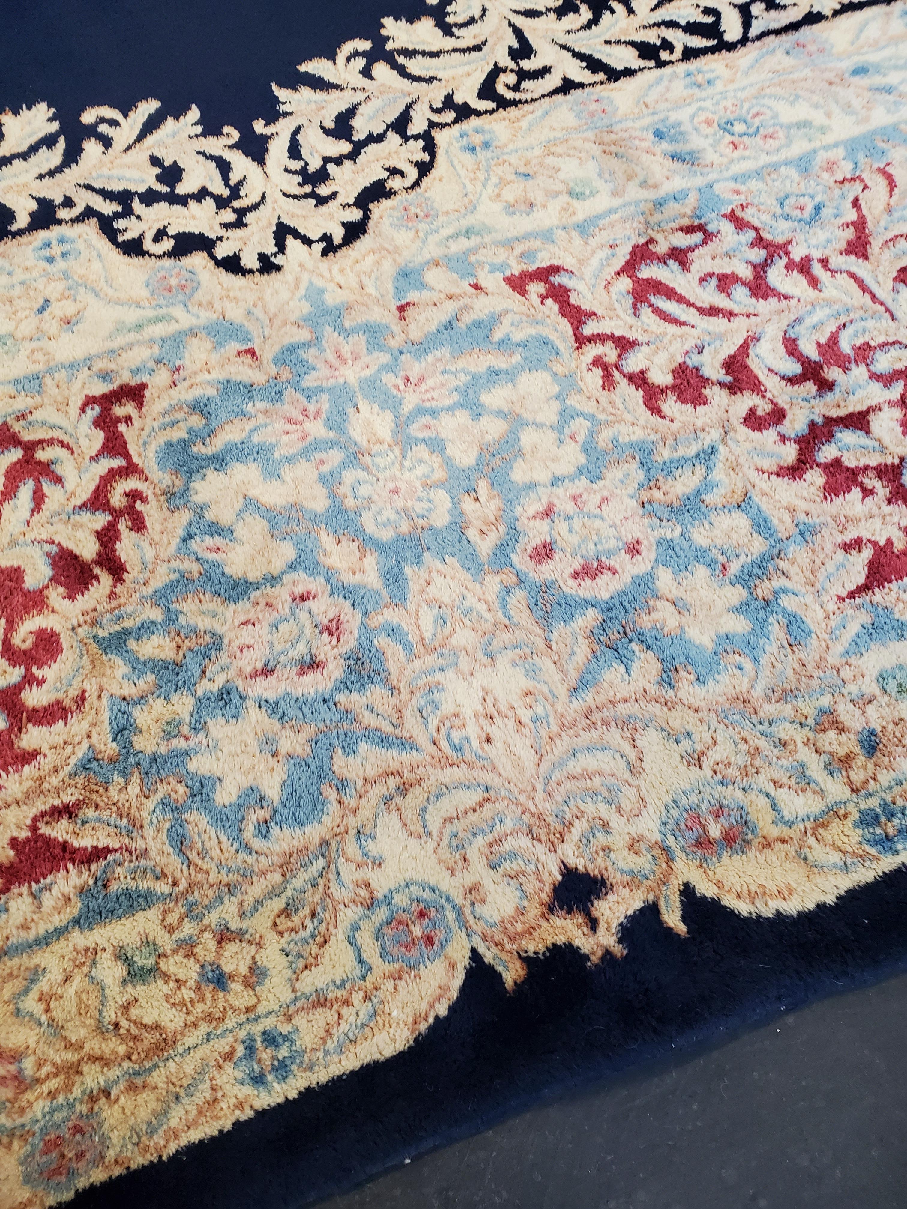 Antique Persian Kerman Oriental Carpet, Handmade Rug Navy, Ivory, Red, Soft Gold For Sale 10