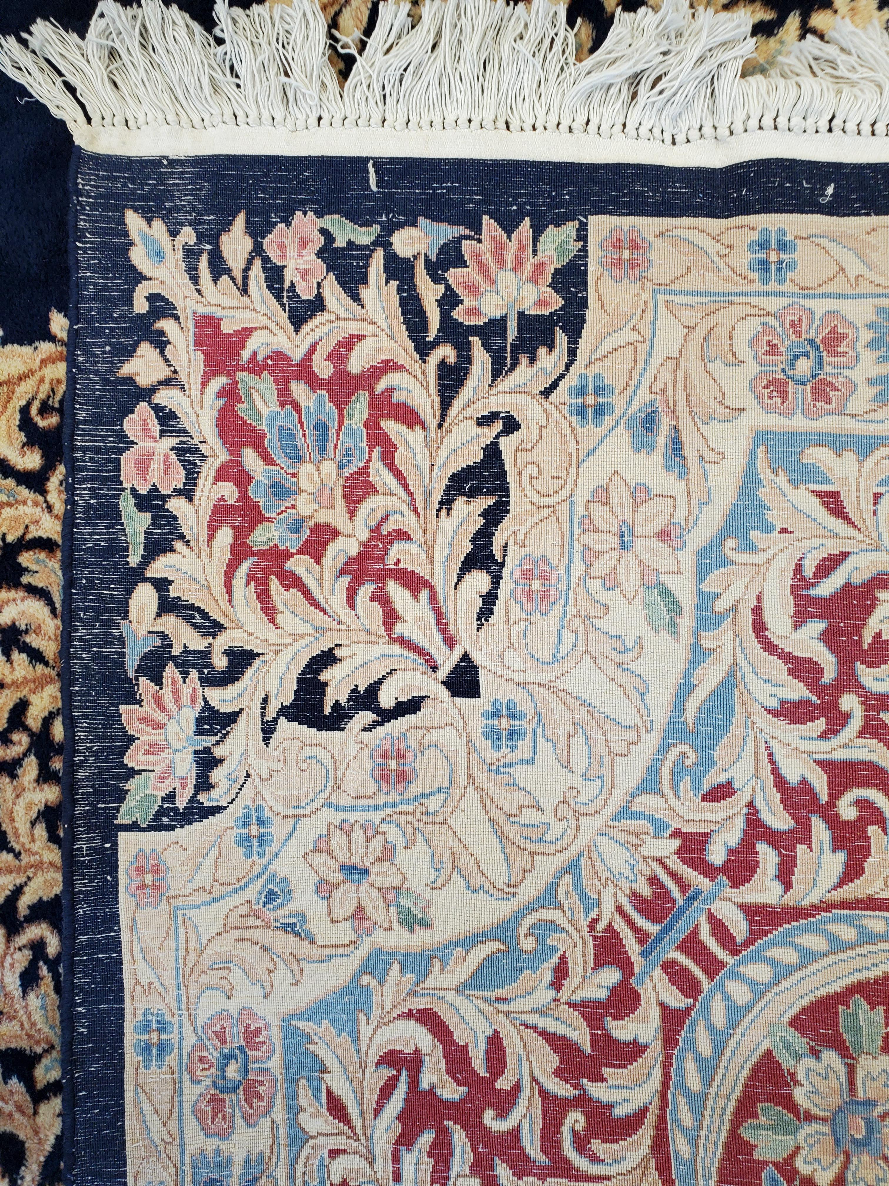 Antique Persian Kerman Oriental Carpet, Handmade Rug Navy, Ivory, Red, Soft Gold For Sale 12